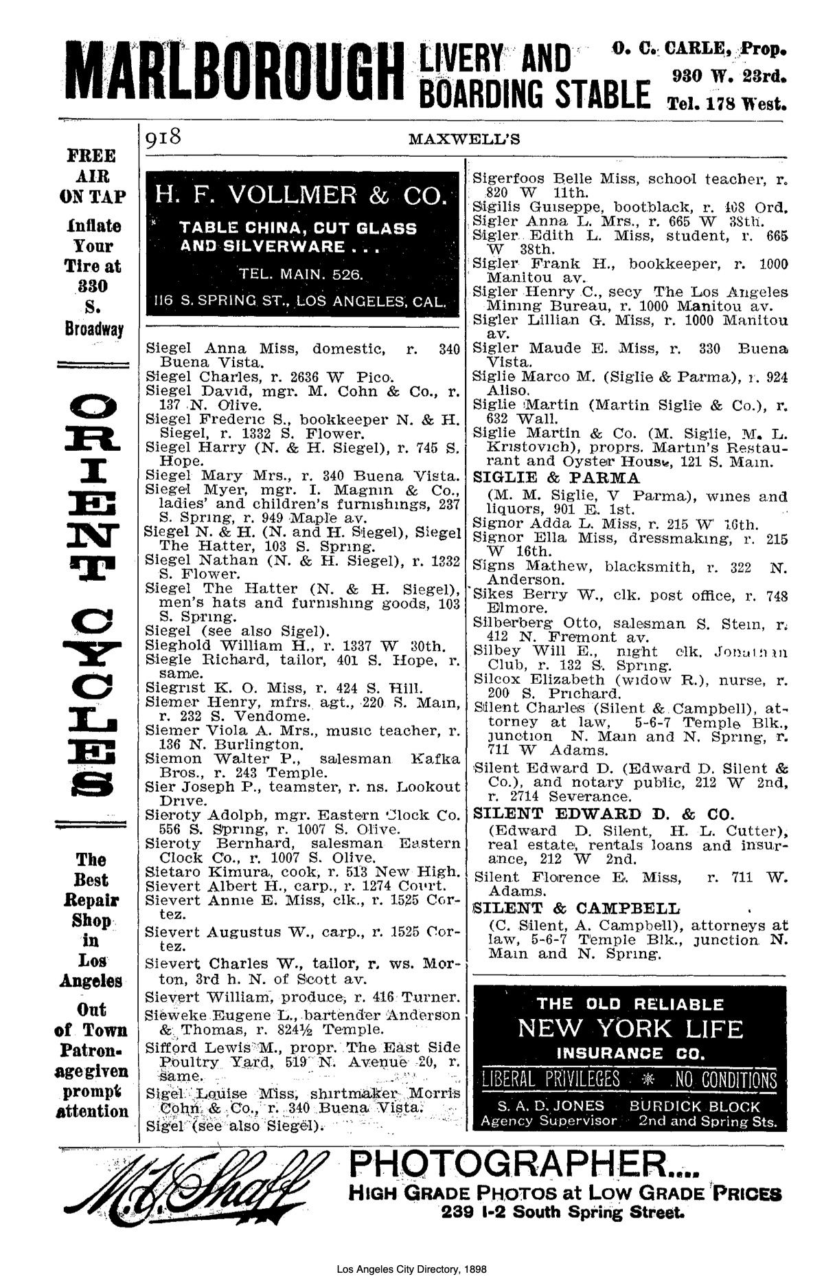 Document image missing. Admin needs to fix. 1898 Los Angeles City Directory. p918. Siglie.jpg