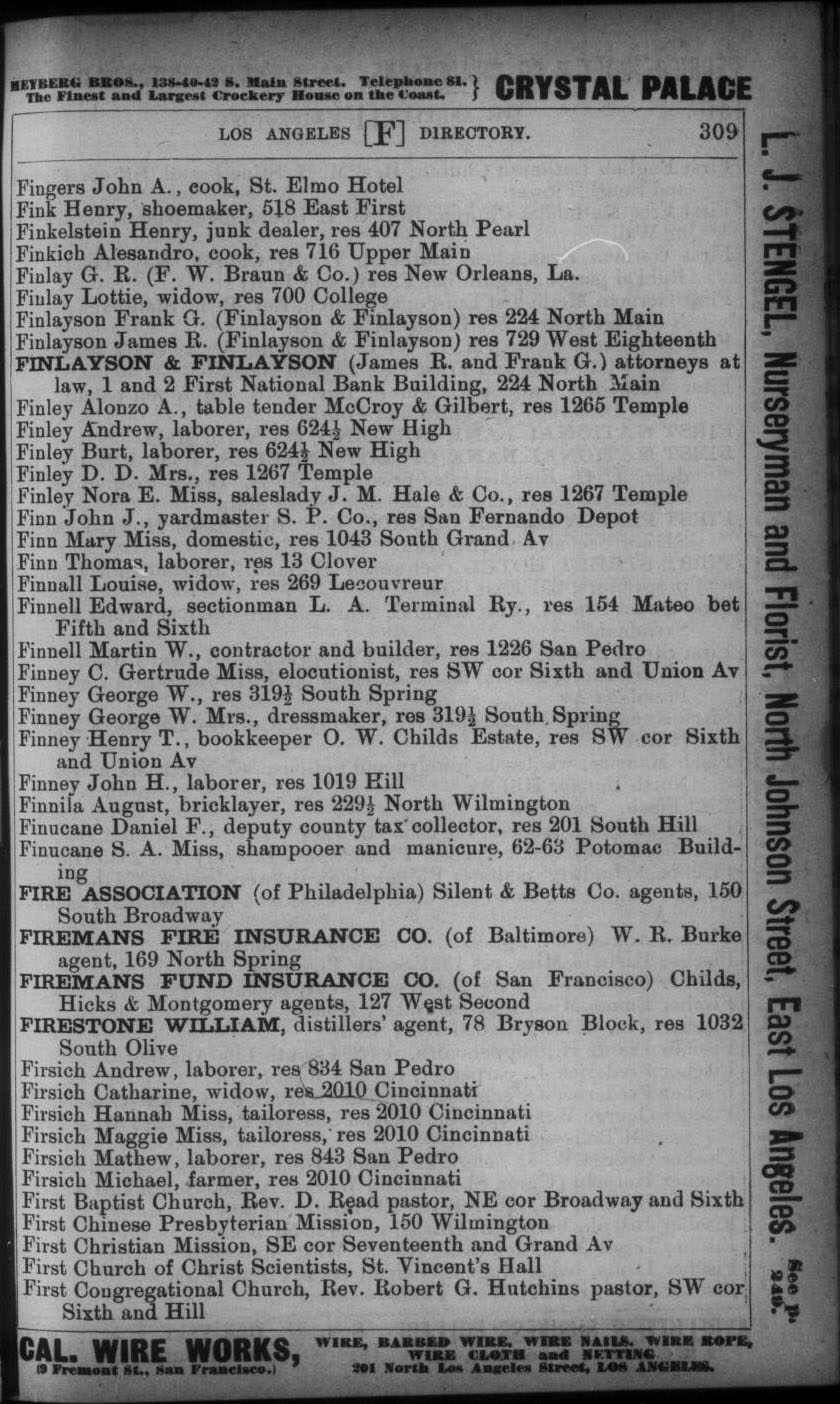 Document image missing. Admin needs to fix. 1893 Los Angeles City Directory p309. Finkich.jpg