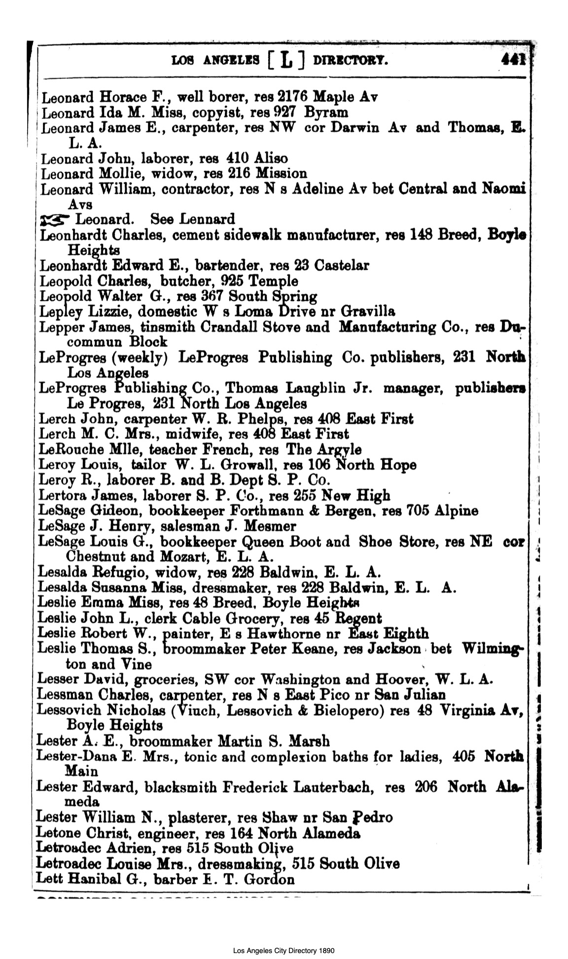 Document image missing. Admin needs to fix. 1890 Los Angeles City Directory-Corran. p441. Lessovich.jpg