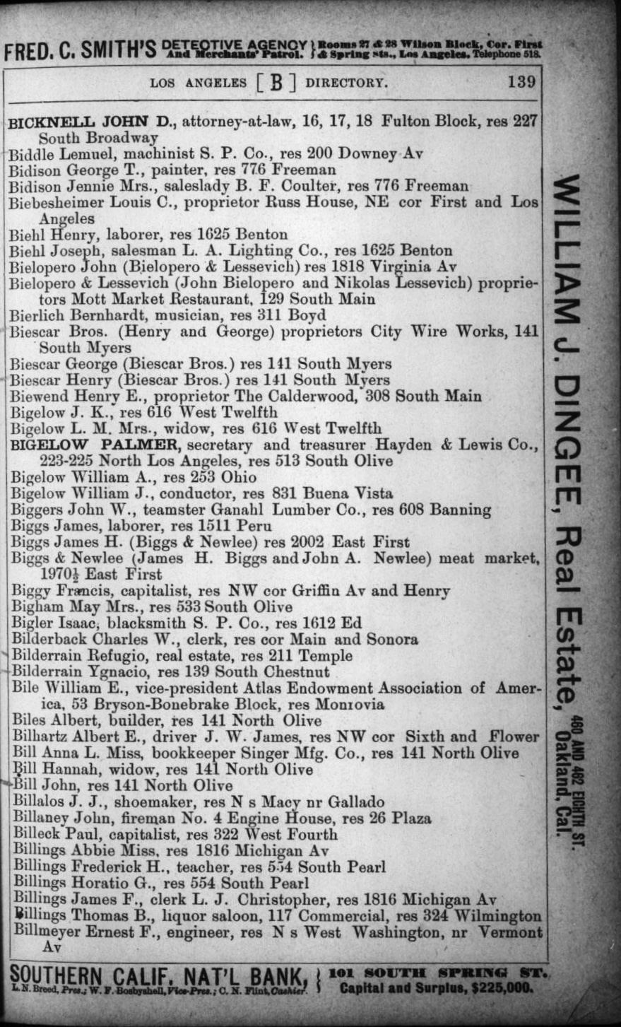 Document image missing. Admin needs to fix. 1891 Los Angeles City Directory (WHL Corran. 4th Edition). p139. Bielopero. Mott.jpg