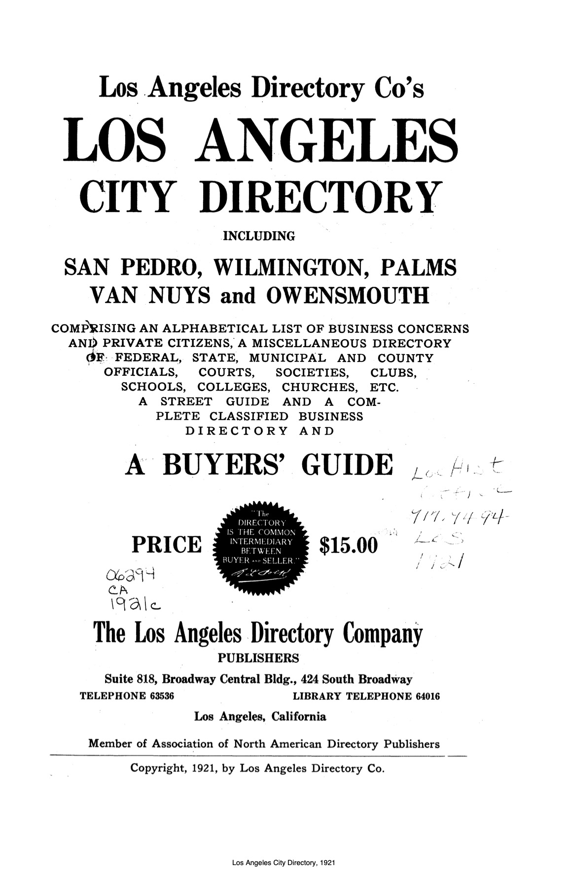 Document image missing. Admin needs to fix. 1921 Los Angeles City Directory. p5. Title Page.jpg