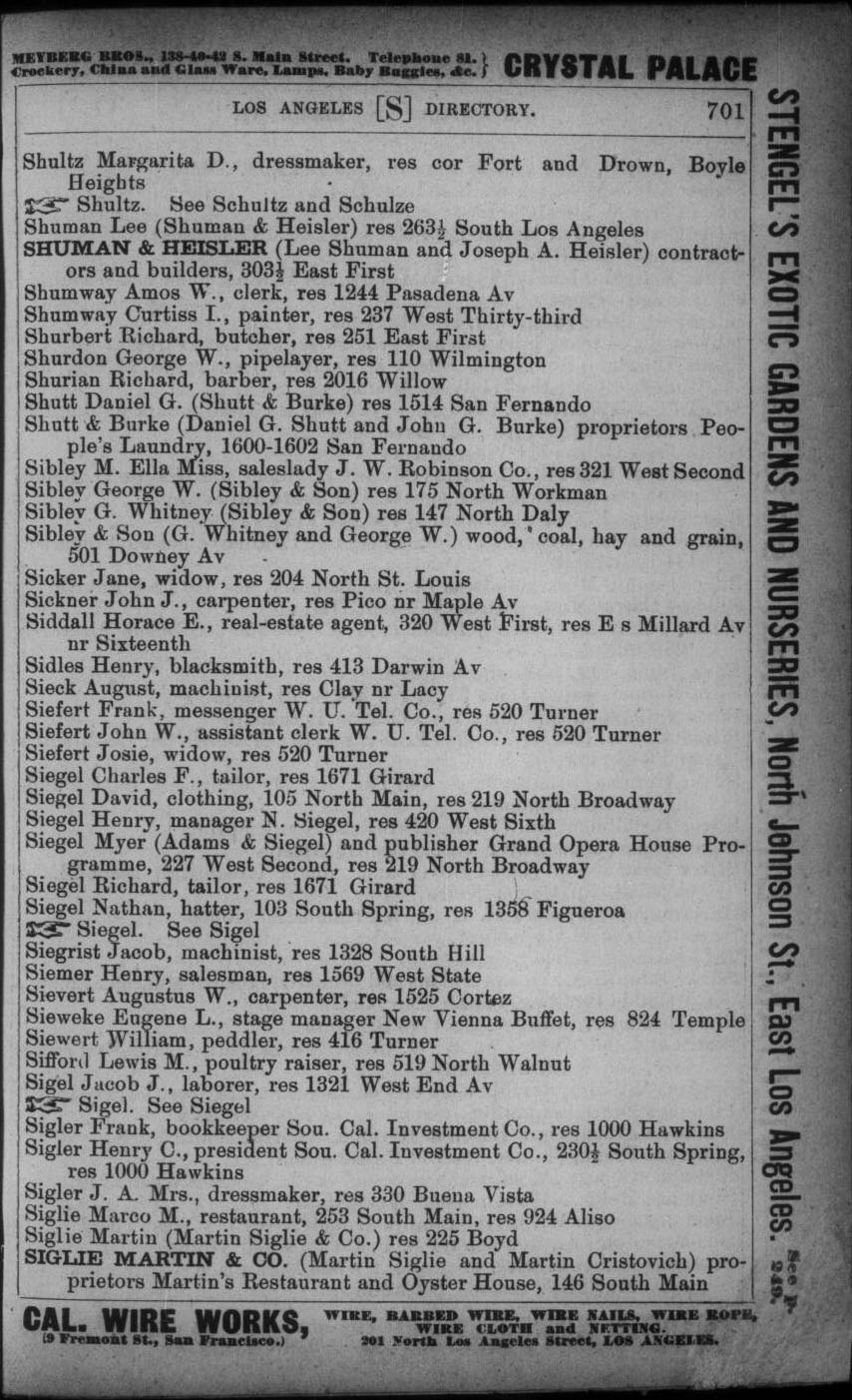 Document image missing. Admin needs to fix. 1893 Los Angeles City Directory p701. Siglie (2).jpg