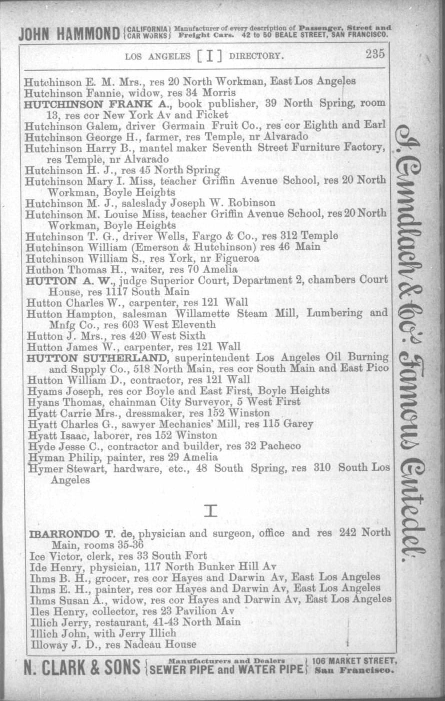 Document image missing. Admin needs to fix. 1887 Los Angeles City Directory. Corran. p235. Illichs.jpg