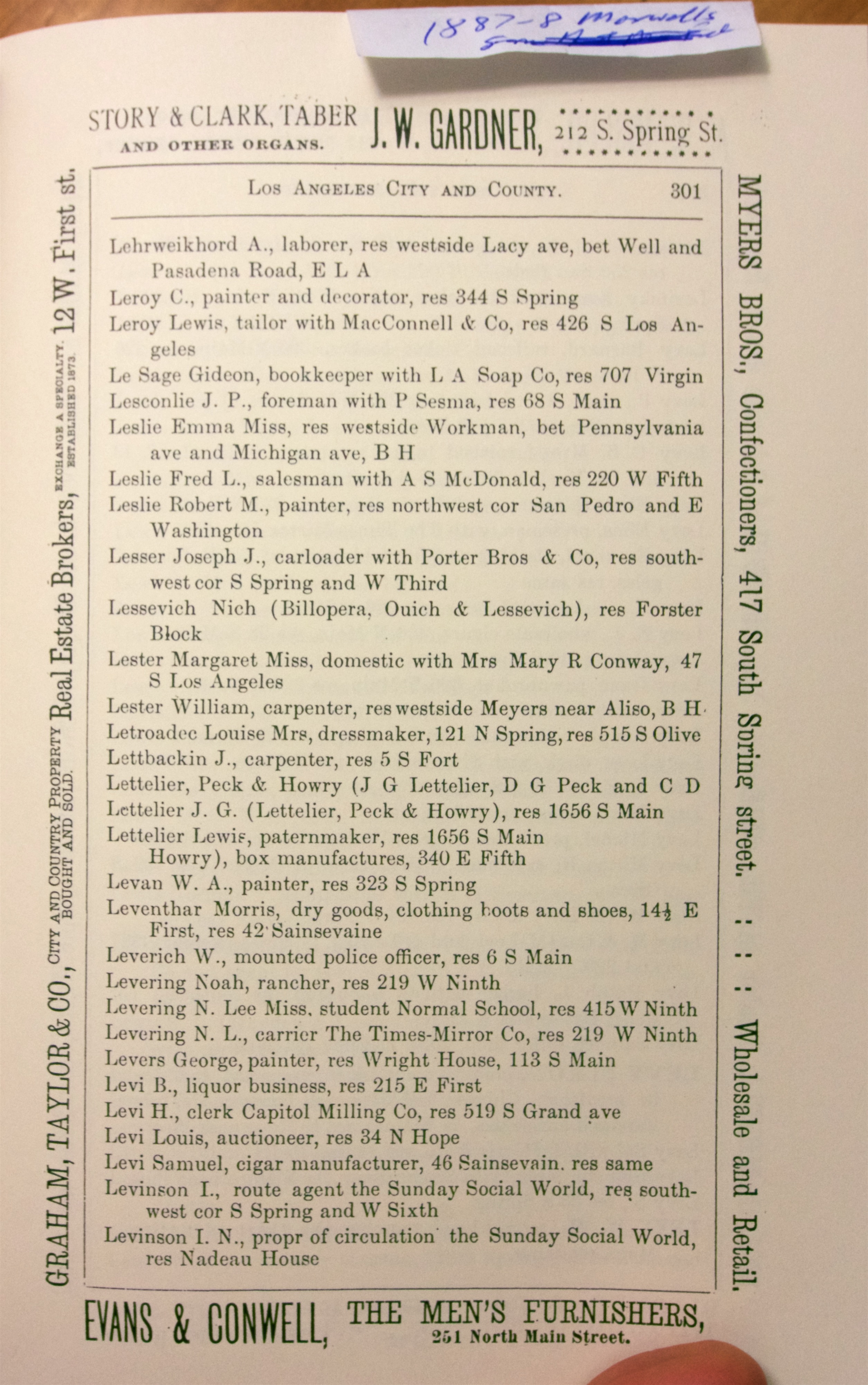 Document image missing. Admin needs to fix. 1887-8 Los Angeles City and County Guide. Maxwell's. p301. Lessevich res.jpg