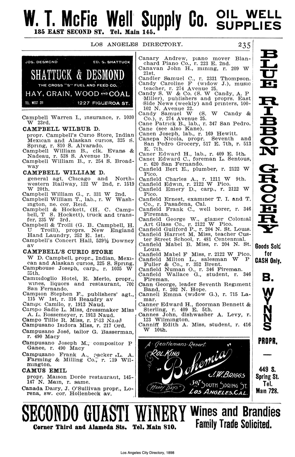 Document image missing. Admin needs to fix. 1898 Los Angeles City Directory. p235. Emil Camus.jpg