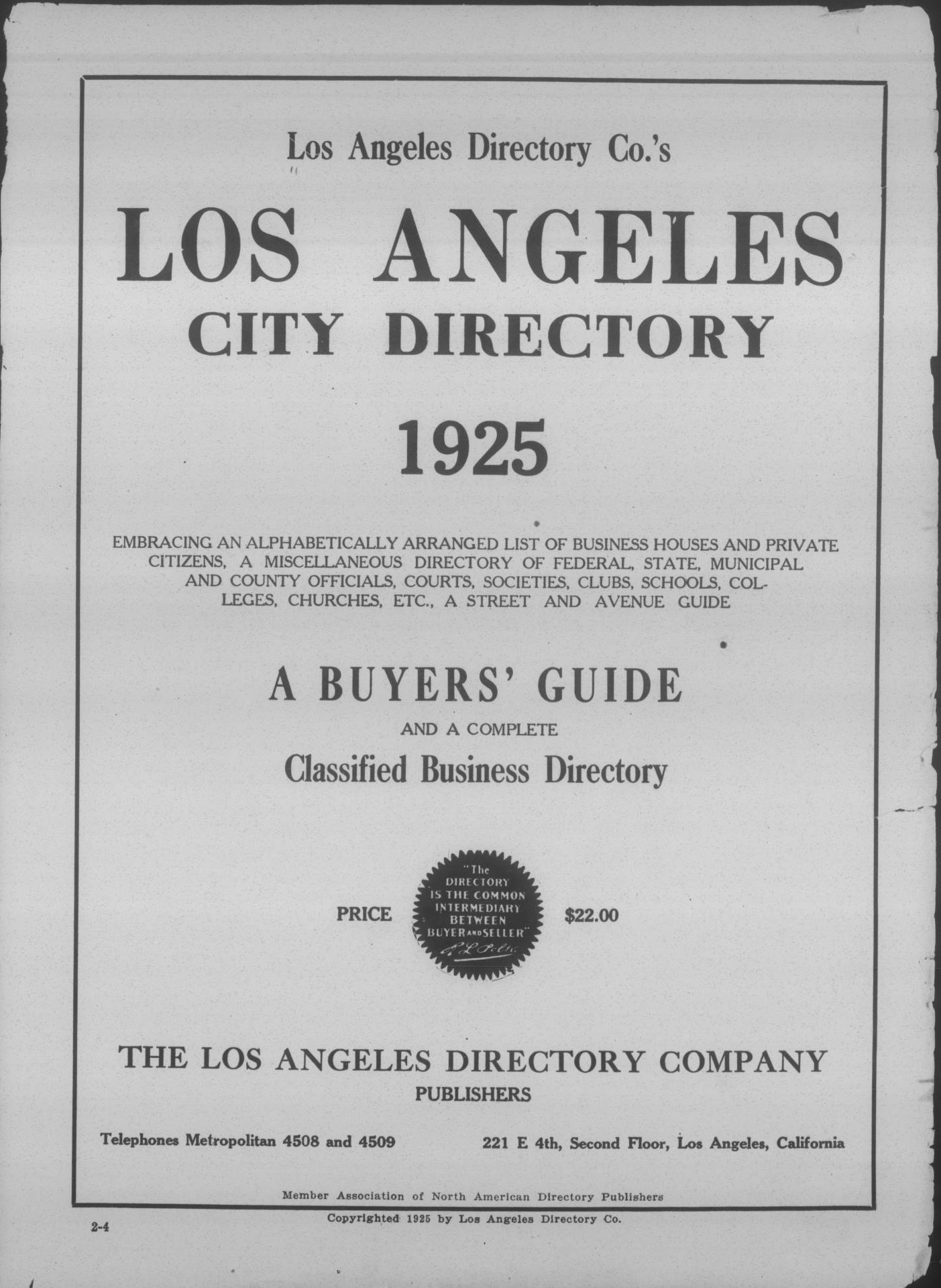 Document image missing. Admin needs to fix. 1925 Los Angeles City Directory. p~0. Title Page. Los Angeles Directory Co.jpg