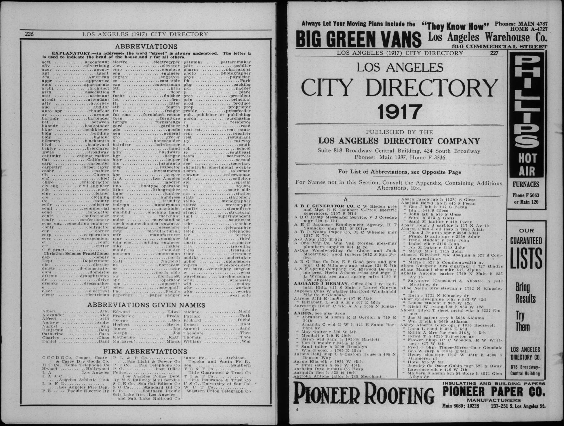 Document image missing. Admin needs to fix. 1917 Los Angeles City Directory. p226. Abbreviations.jpg