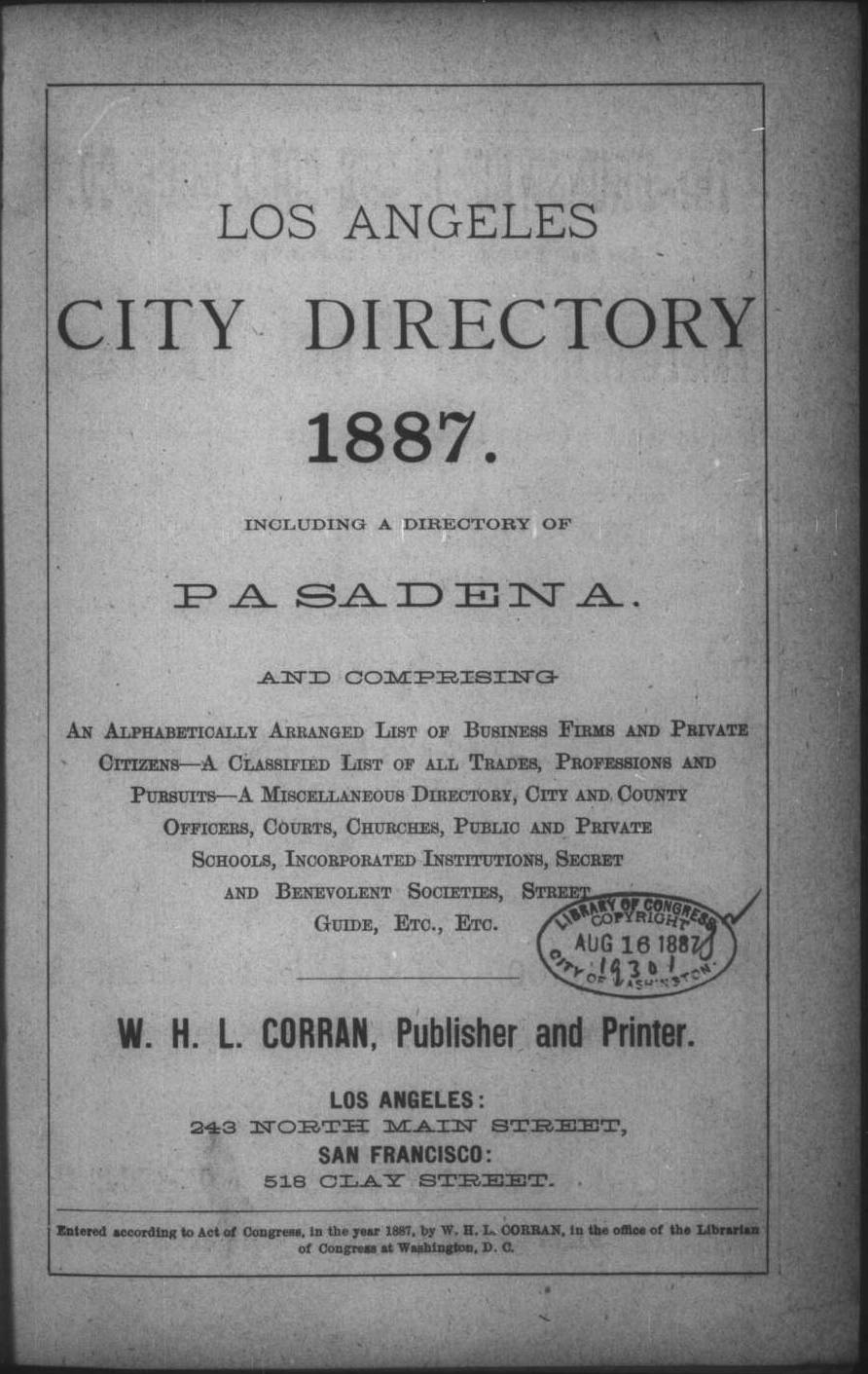 Document image missing. Admin needs to fix. 1887 Los Angeles City Directory. Corran. p9. Title Page.jpg