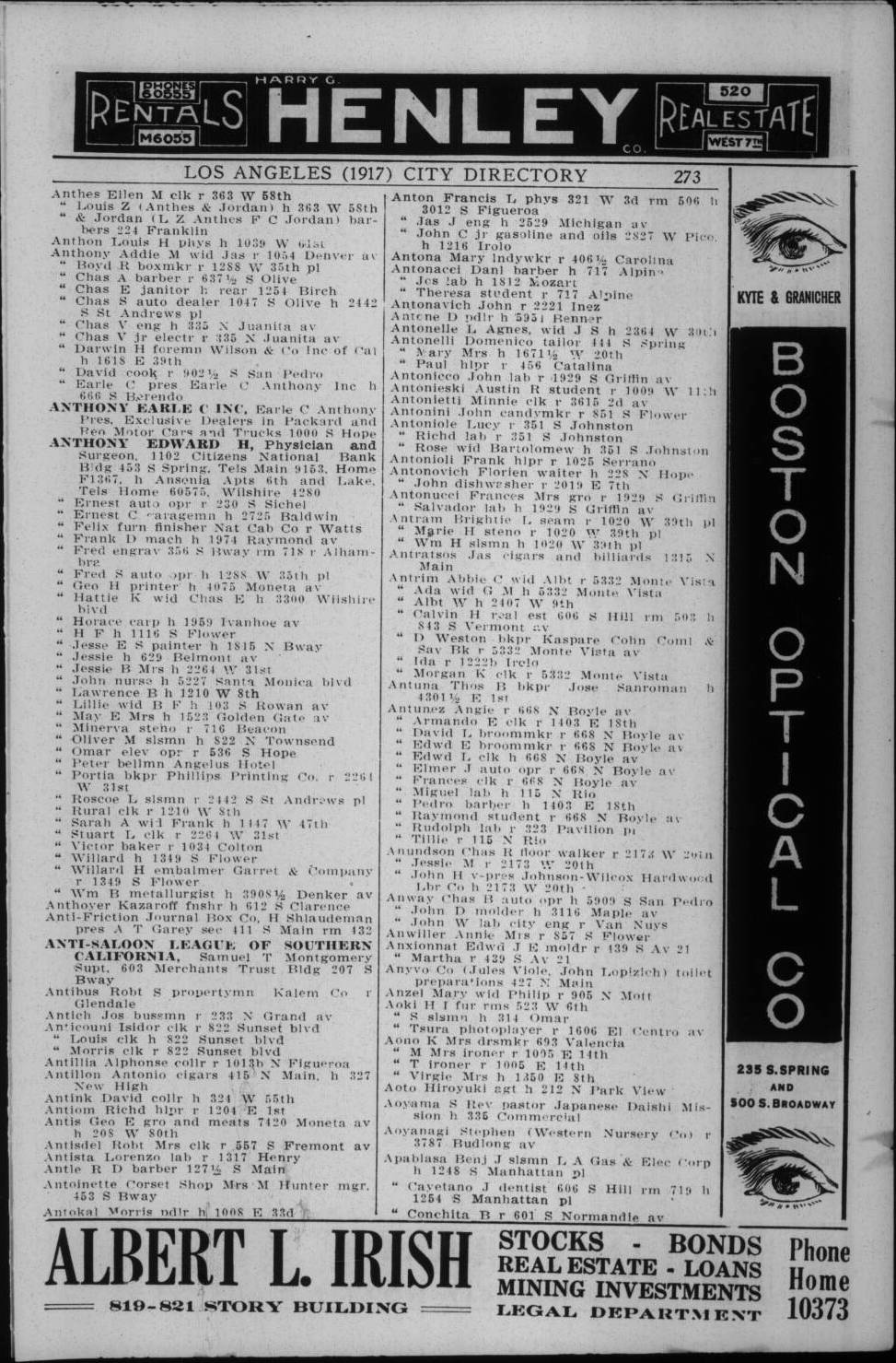 Document image missing. Admin needs to fix. 1917 Los Angeles City Directory. p273. Antonovich.jpg