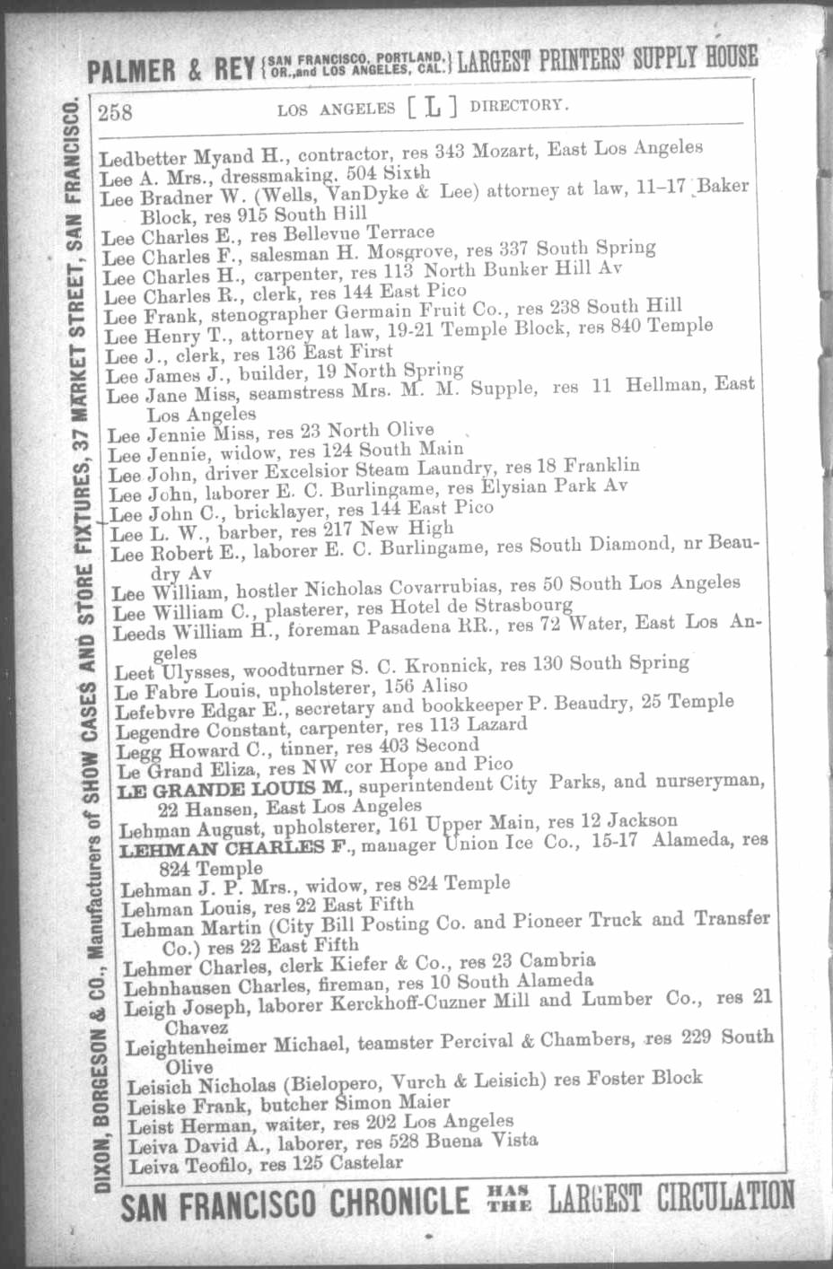 Document image missing. Admin needs to fix. 1887 Los Angeles City Directory. Corran. p258. Leisich.jpg