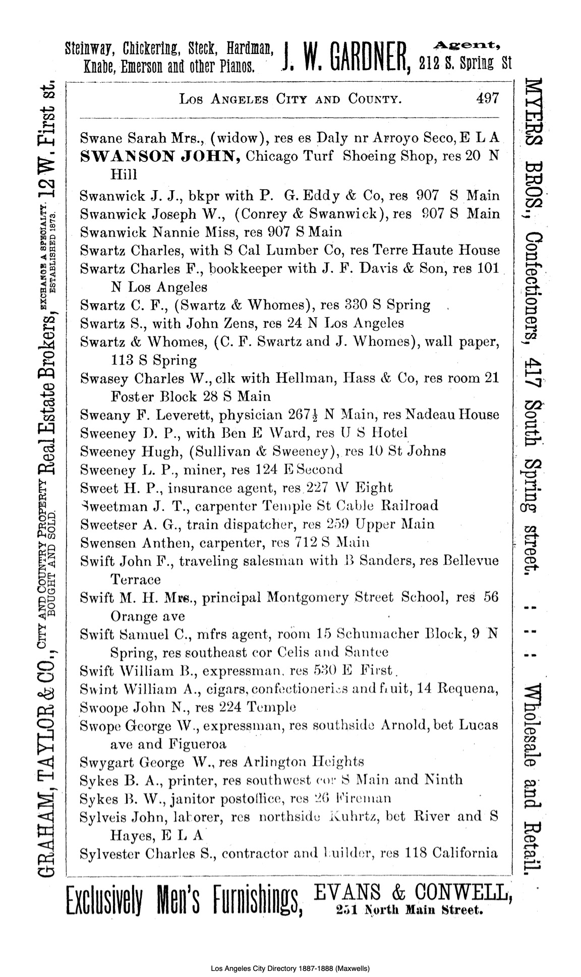 Document image missing. Admin needs to fix. 1887-8 Los Angeles City and County Guide. Maxwell's. p497. Foster Block 28 S Main.jpg