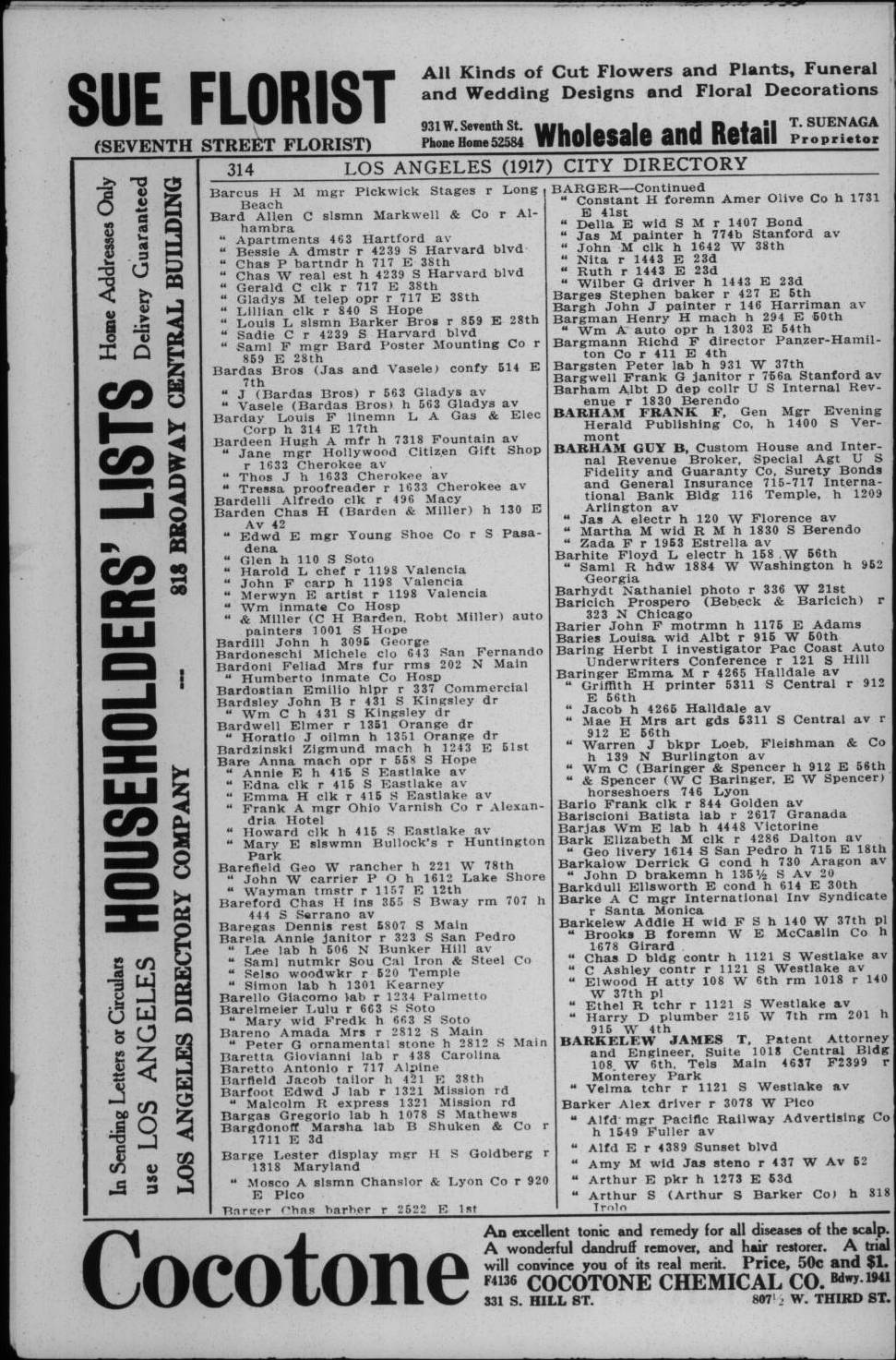 Document image missing. Admin needs to fix. 1917 Los Angeles City Directory. p314. Baricich.jpg