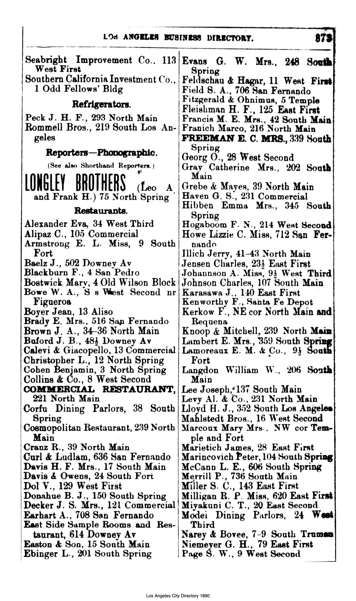 Document image missing. Admin needs to fix. 1890 Los Angeles City Directory-Corran. p873. Restaurants.jpg