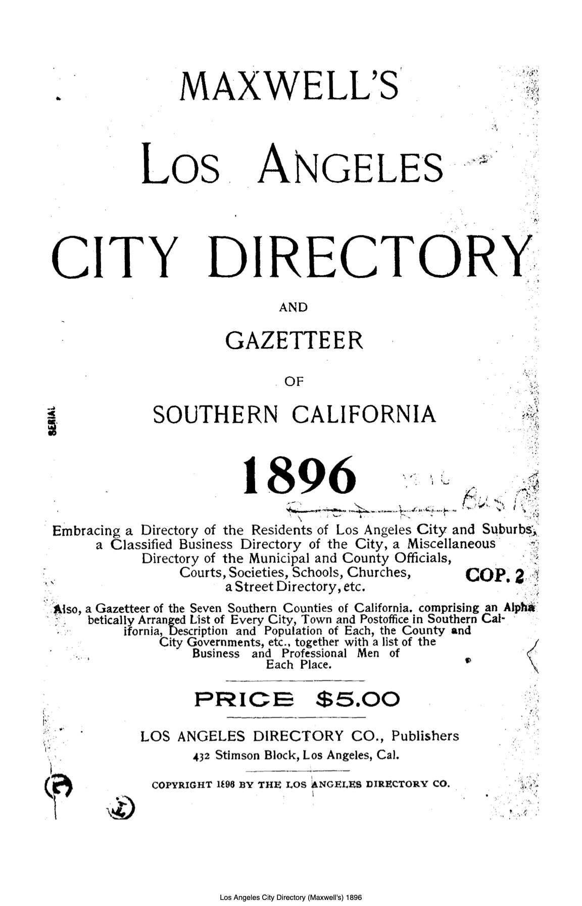 Document image missing. Admin needs to fix. 1896 Los Angeles City Directory. p1. Title Page.jpg