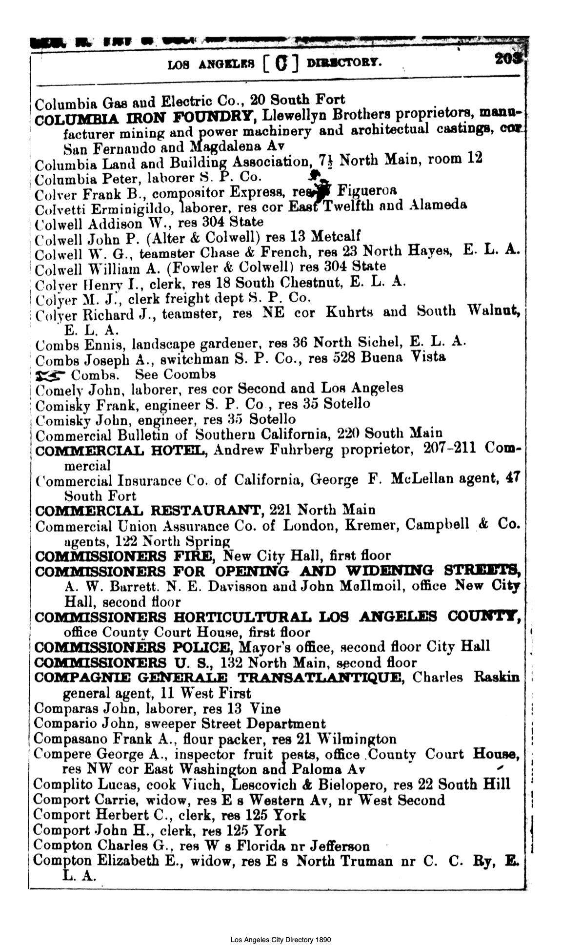 Document image missing. Admin needs to fix. 1890 Los Angeles City Directory-Corran. p203. Commercial Restaurant.jpg