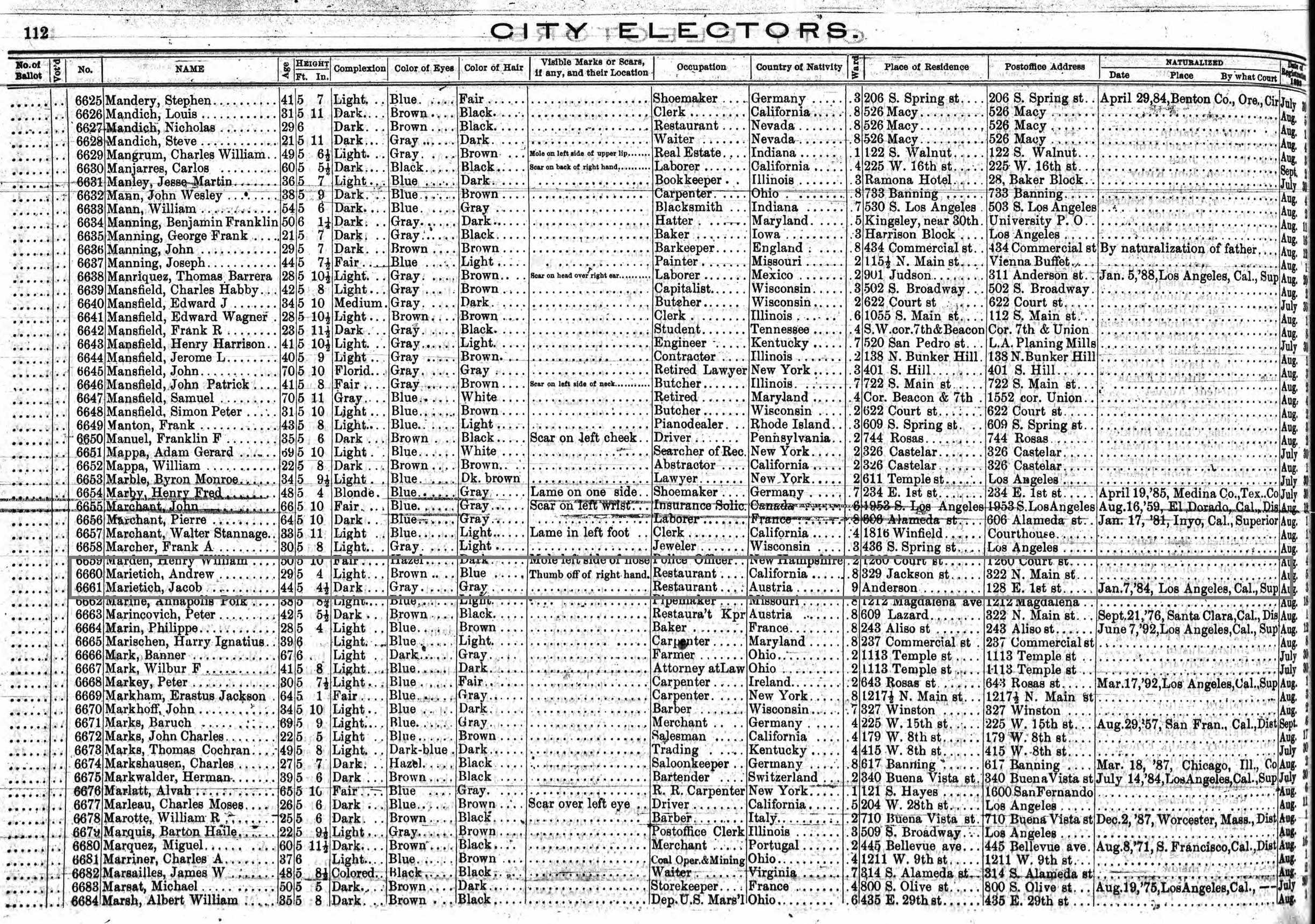 Document image missing. Admin needs to fix. 1892 Voter Registration. Andrew Marietich né 1863. 329 Jackson & 322 N Main.half.jpg