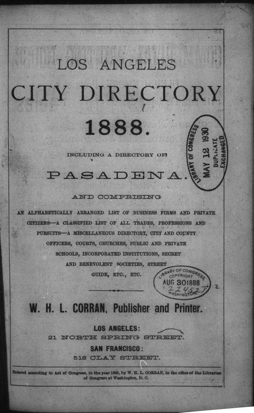 Document image missing. Admin needs to fix. 1888 Los Angeles City Directory. Corran. p17 Title Page.jpg