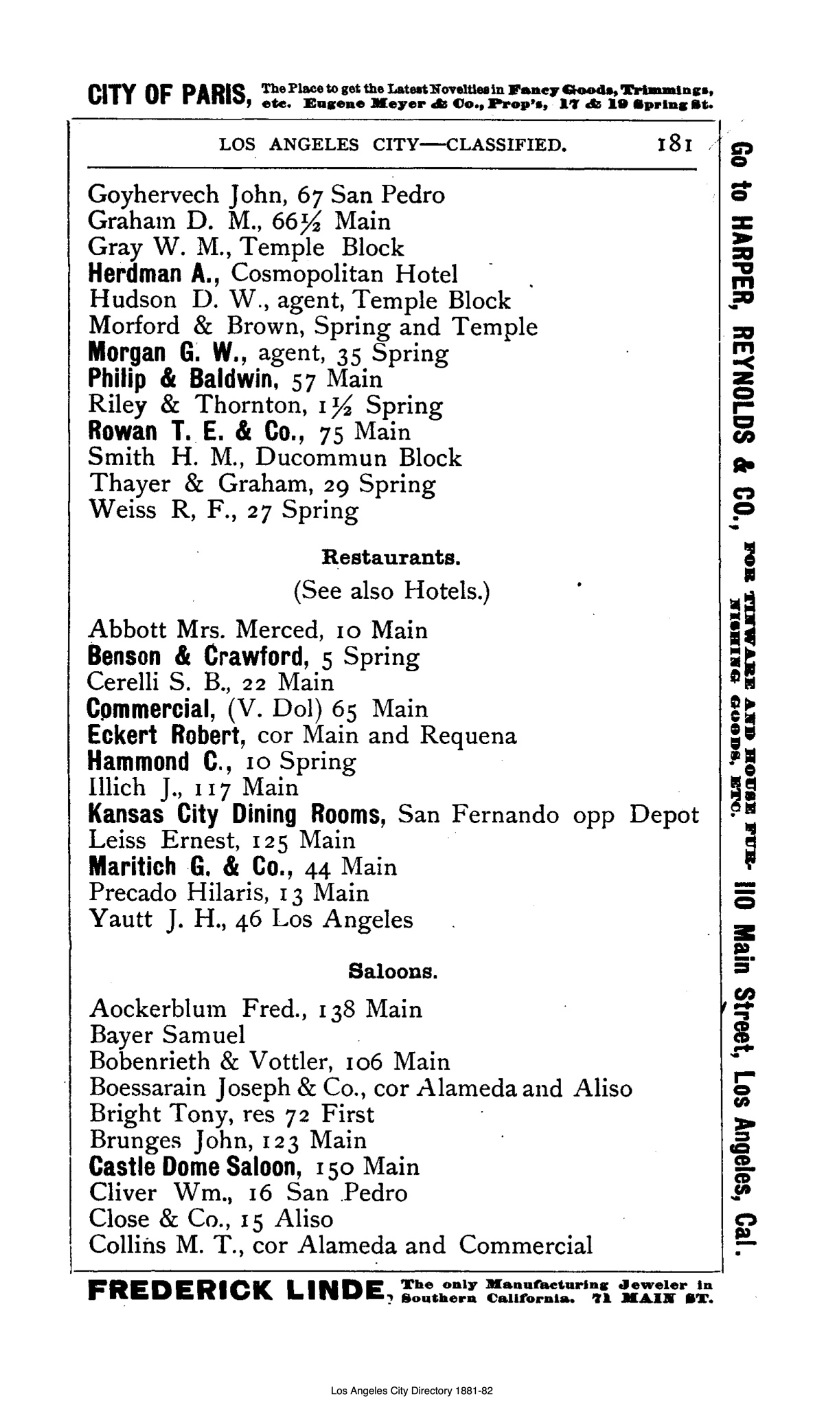 Document image missing. Admin needs to fix. 1881-2 Los Angeles City Directory. p181. Restaurants.jpg