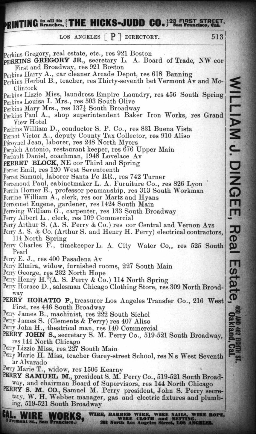 Document image missing. Admin needs to fix. 1891 Los Angeles City Directory (WHL Corran. 4th Edition). p513. Perpich.jpg