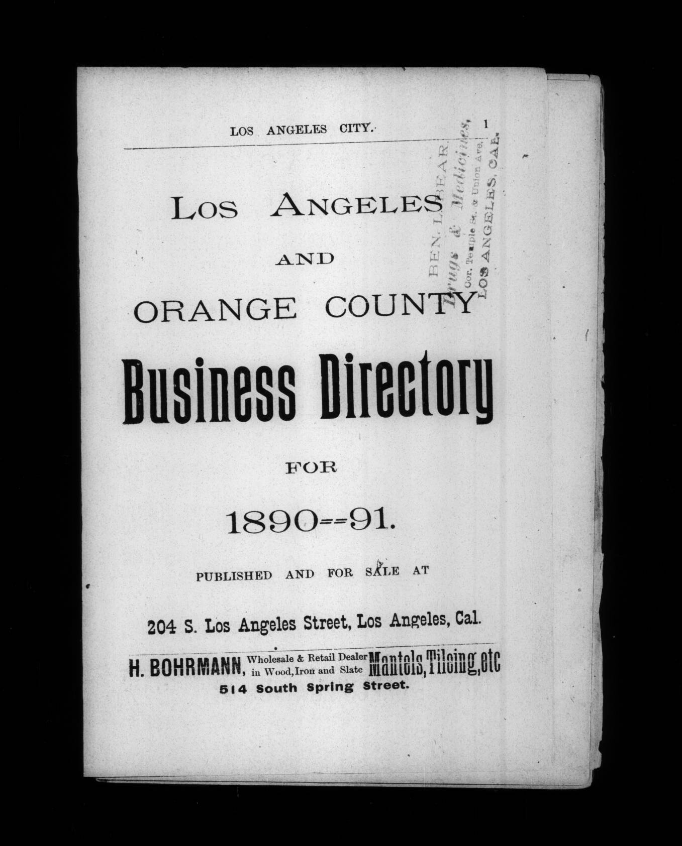 Document image missing. Admin needs to fix. 1890–1 Los Angeles and Orange County Business Directory (WM Pearsall). p1 Title Page.jpg