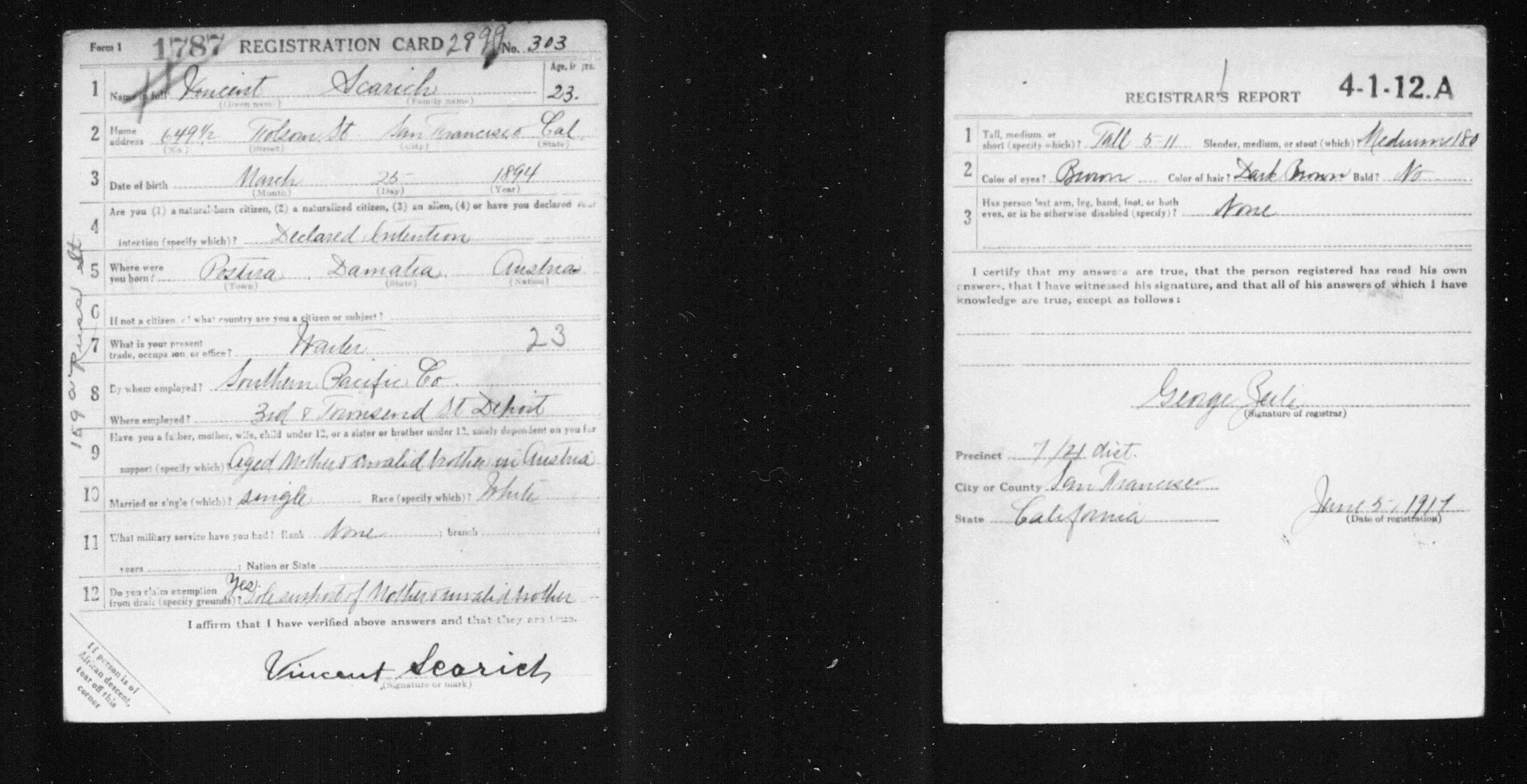 Document image missing. Admin needs to fix. 1918 Draft Registration. Vincent Scarich-San Francisco, né 1894-03-25.jpg