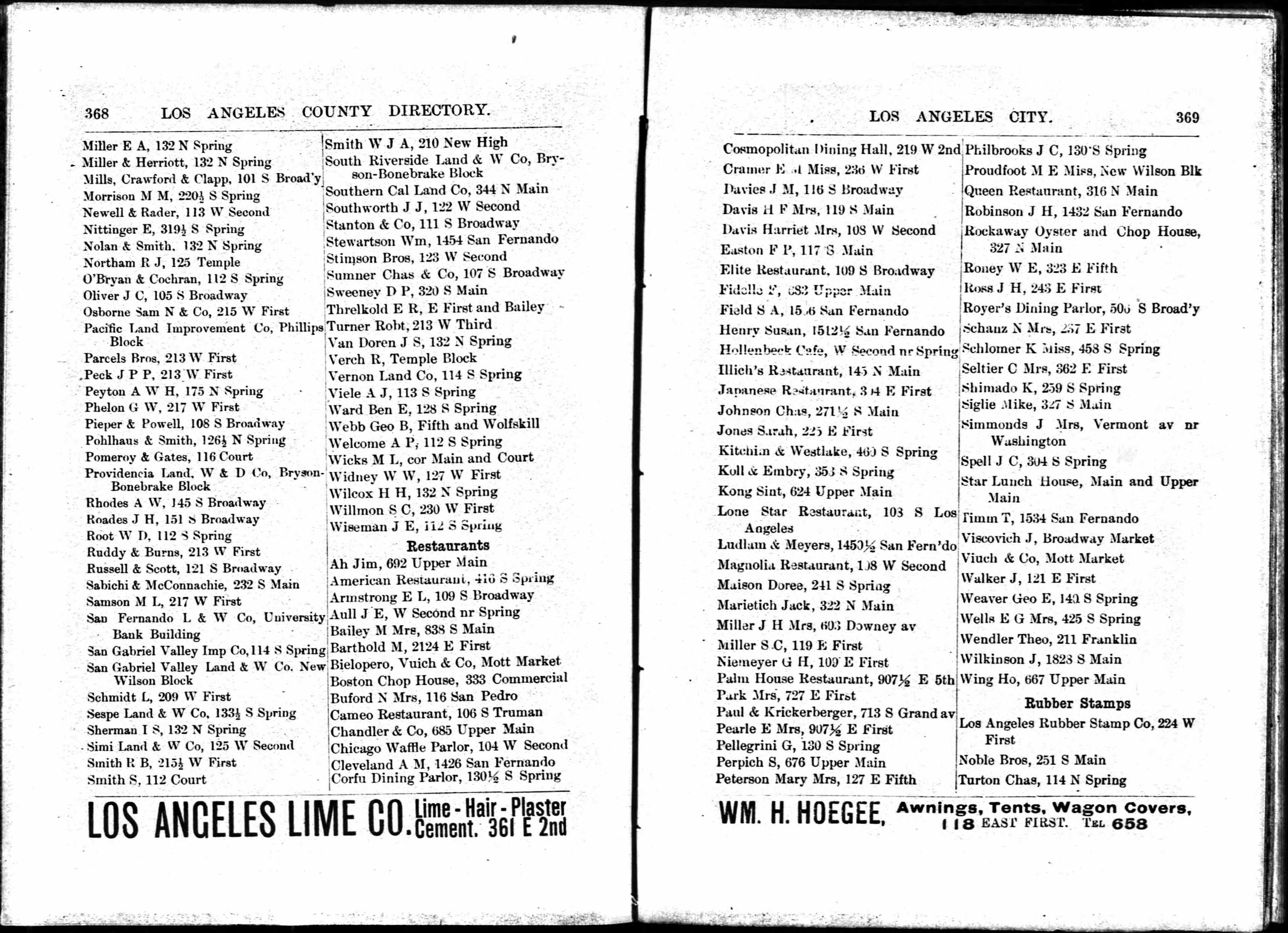 Document image missing. Admin needs to fix. 1890–1 Los Angeles and Orange County Business Directory (WM Pearsall). p368-9. Restaurants.jpg