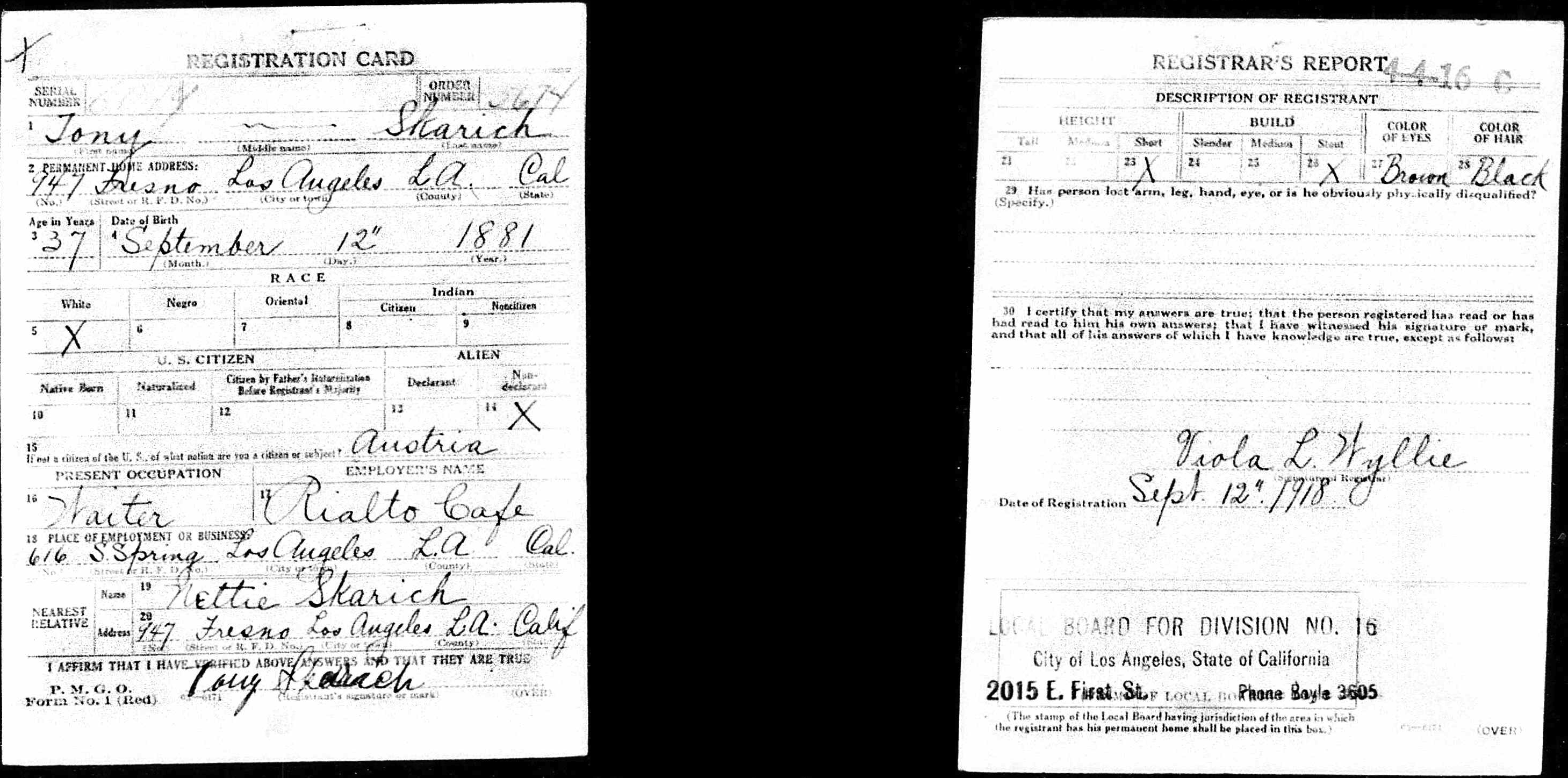 Document image missing. Admin needs to fix. 1918 Draft Registration. Tony Skarich né 1881.png