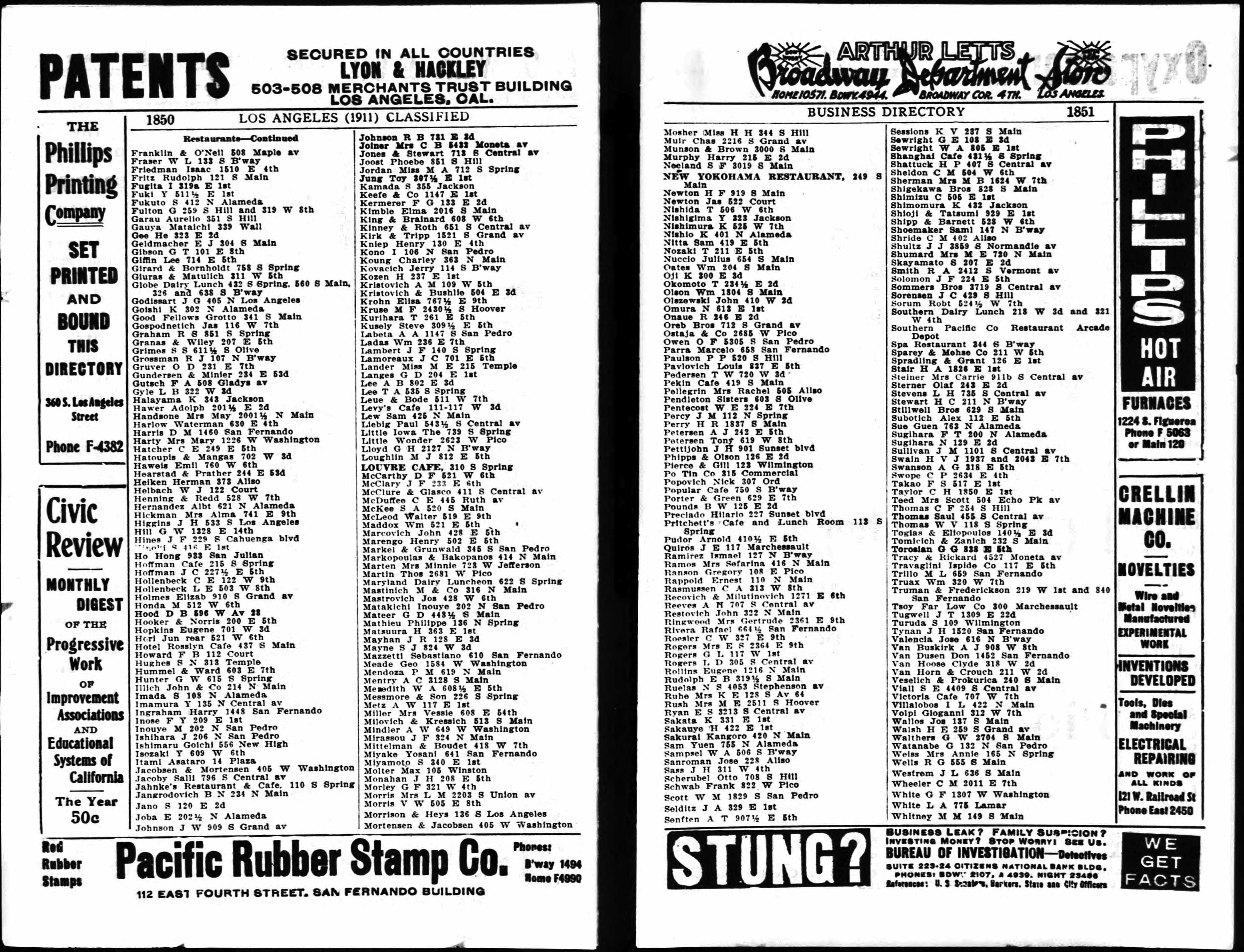 Document image missing. Admin needs to fix. 1911 Los Angeles City Directory. p1850. Restaurants. Fra-Whi.jpg