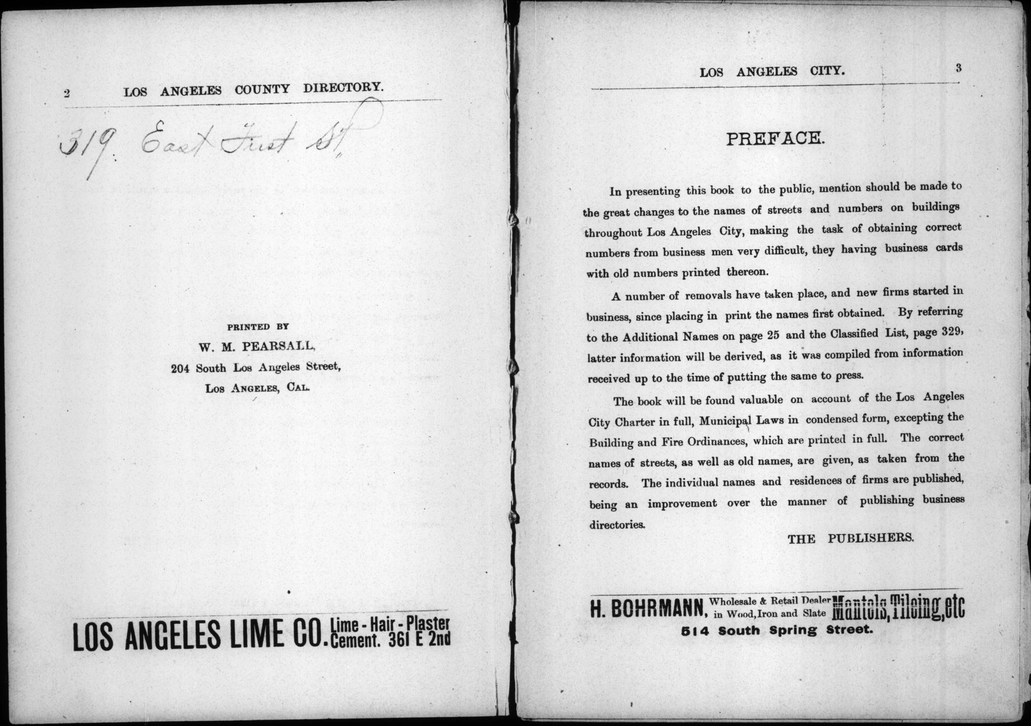 Document image missing. Admin needs to fix. 1890–1 Los Angeles and Orange County Business Directory (WM Pearsall). p2–3 Printer and Preface.jpg