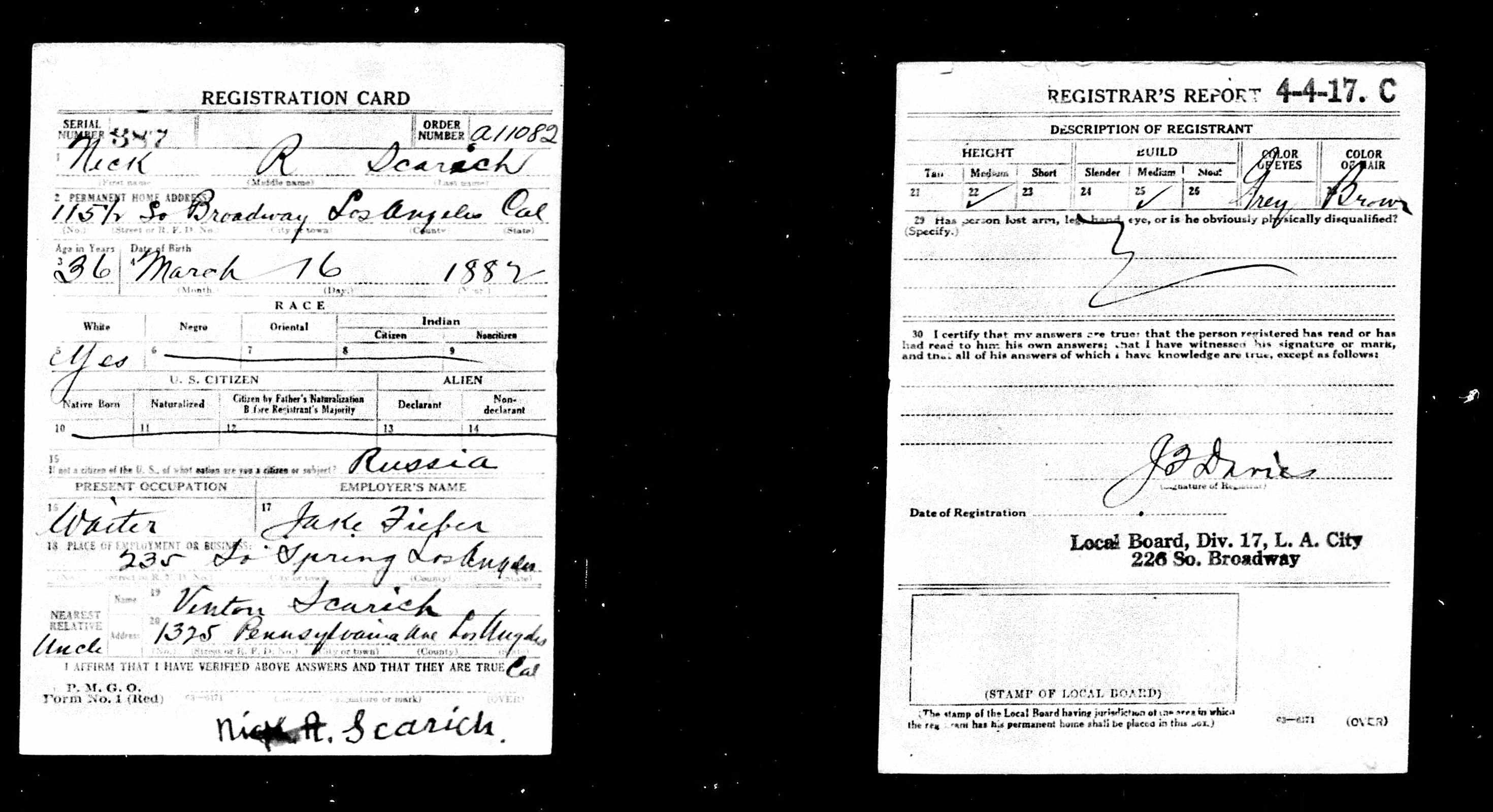 Document image missing. Admin needs to fix. 1918 Draft Registration. Nick R Scarich. né 16 Mar 1882.jpg