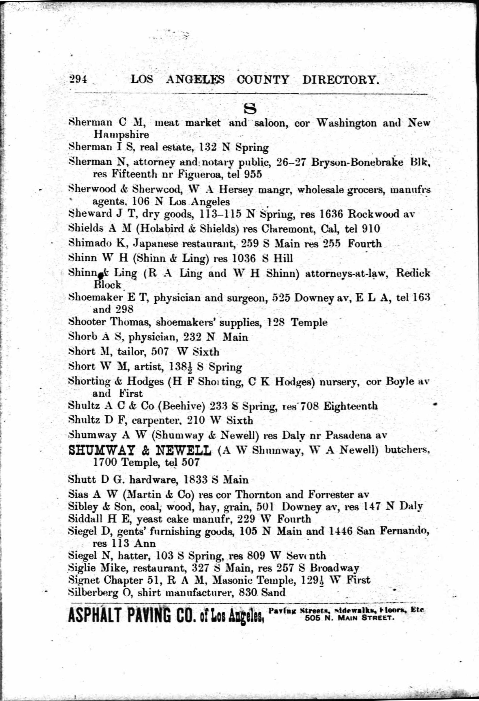 Document image missing. Admin needs to fix. 1890–1 Los Angeles and Orange County Business Directory (WM Pearsall). p295. M Siglie, 257 S Broadway.jpg