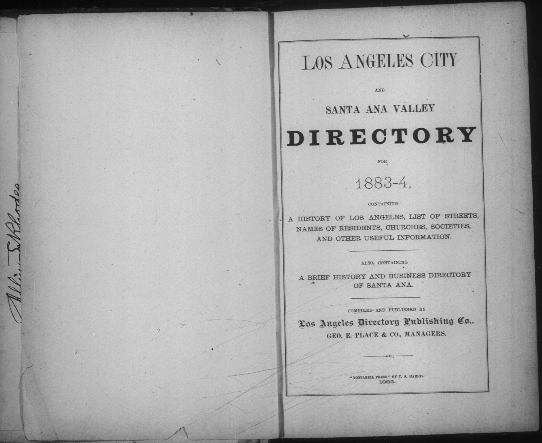 Document image missing. Admin needs to fix. 1883-1884 Los Angeles and Santa Ana Valley, Los Angeles Directory Publishing Co. p1. Title Page.jpg