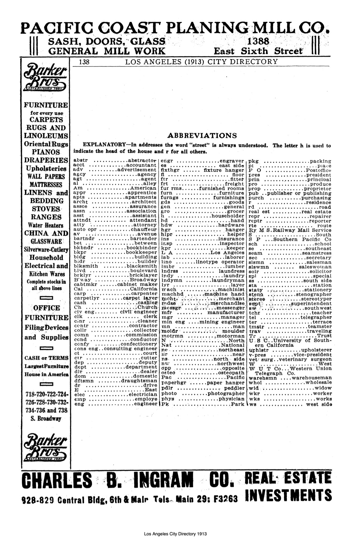 Document image missing. Admin needs to fix. 1913 Los Angeles City Directory. p138. Abbreviations.jpg