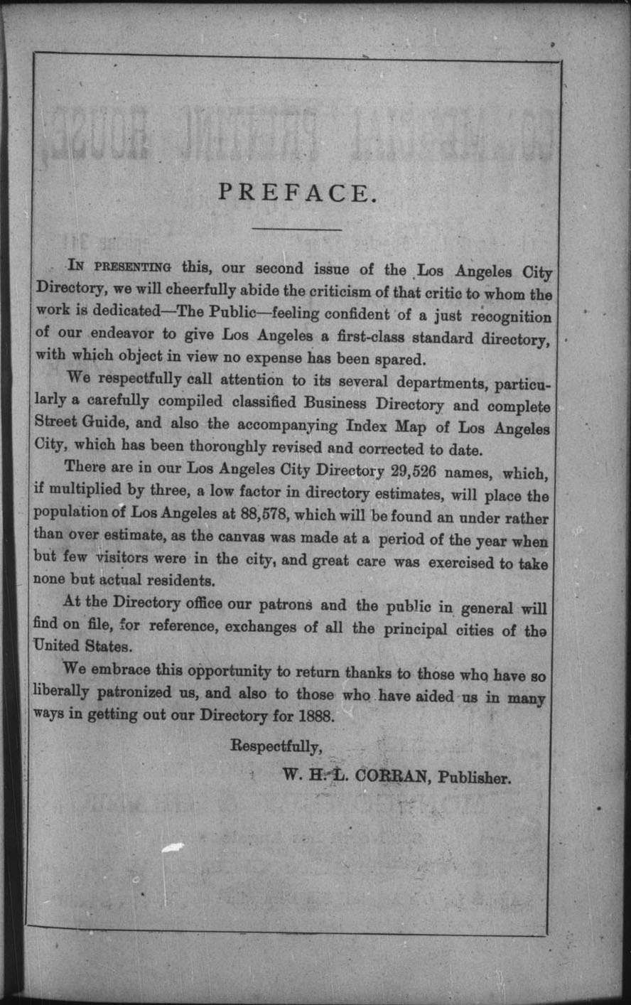 Document image missing. Admin needs to fix. 1888 Los Angeles City Directory. Corran. p19. Preface.jpg