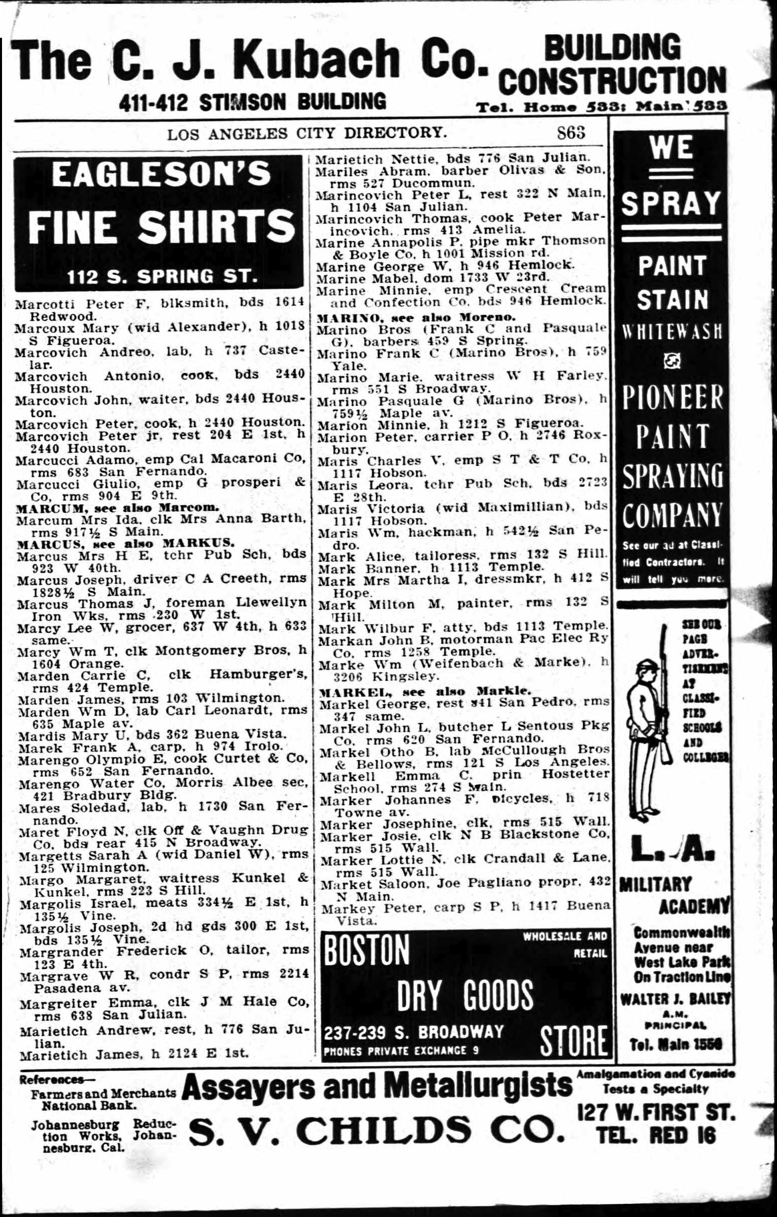 Document image missing. Admin needs to fix. 1904 Los Angeles City Directory. p863. Antonio (cook) & John (waiter) Marcovich, Peter (cook) and Peter Jr. (rest. 204 E 1st) Marcovich. bds 2440 Houston and Marcinovich. Marietich.png