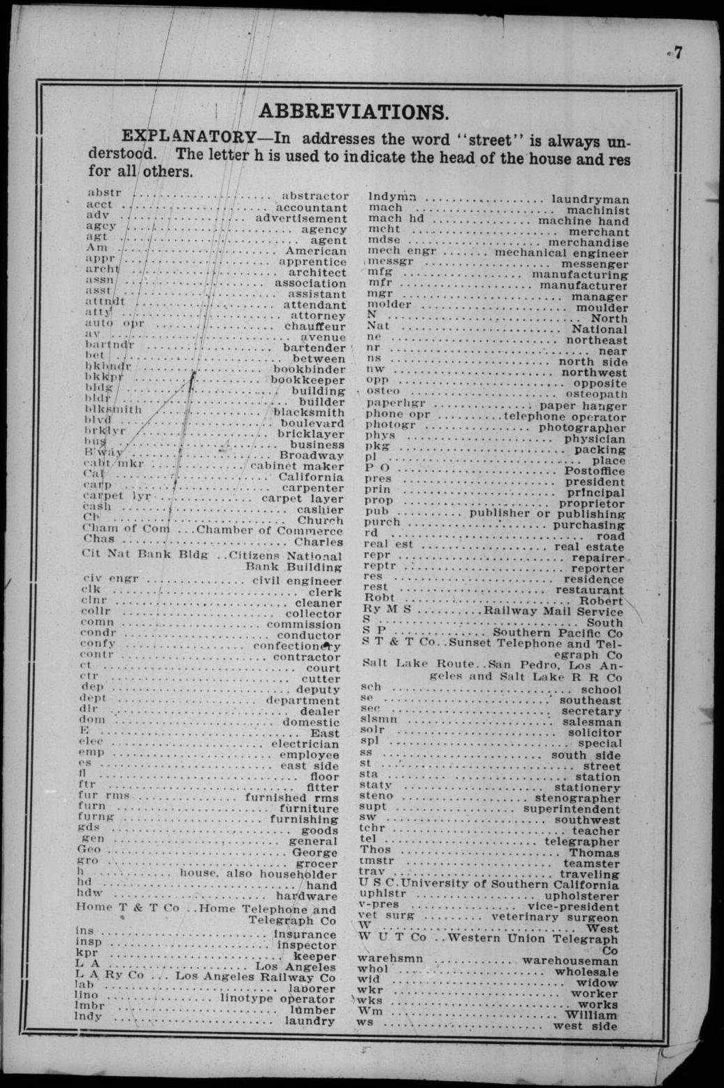 Document image missing. Admin needs to fix. 1906 Los Angeles City Directory (Co.). p7. Abbreviations.jpg