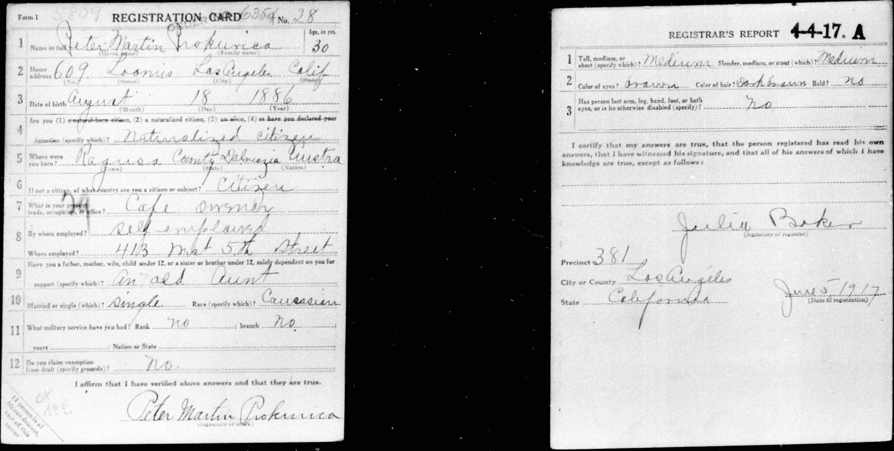 Document image missing. Admin needs to fix. 1917 Draft Registration. Peter Prokurica.jpg