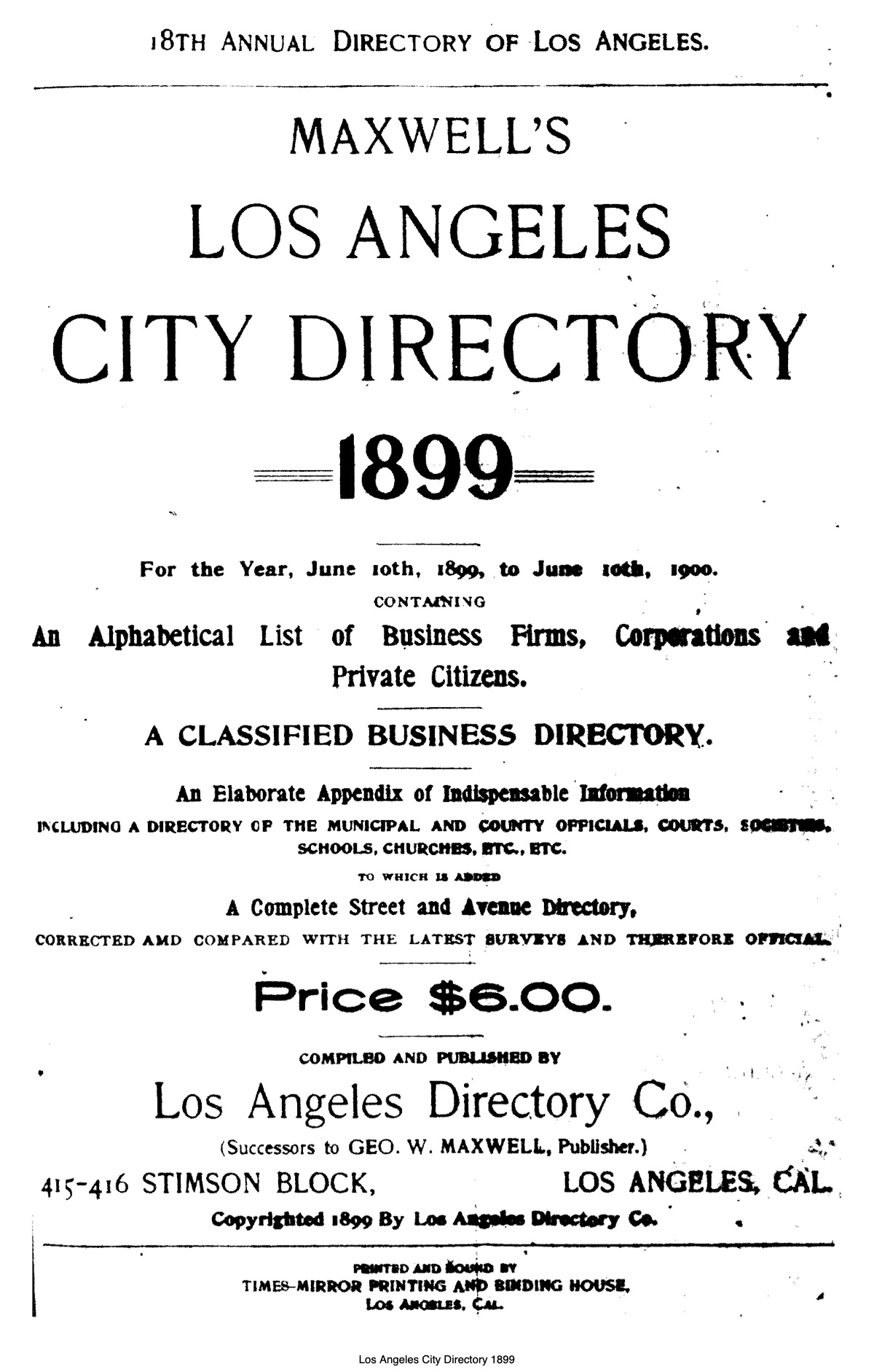 Document image missing. Admin needs to fix. 1899 Los Angeles City Directory-Maxwell. p1. Title Page.jpg