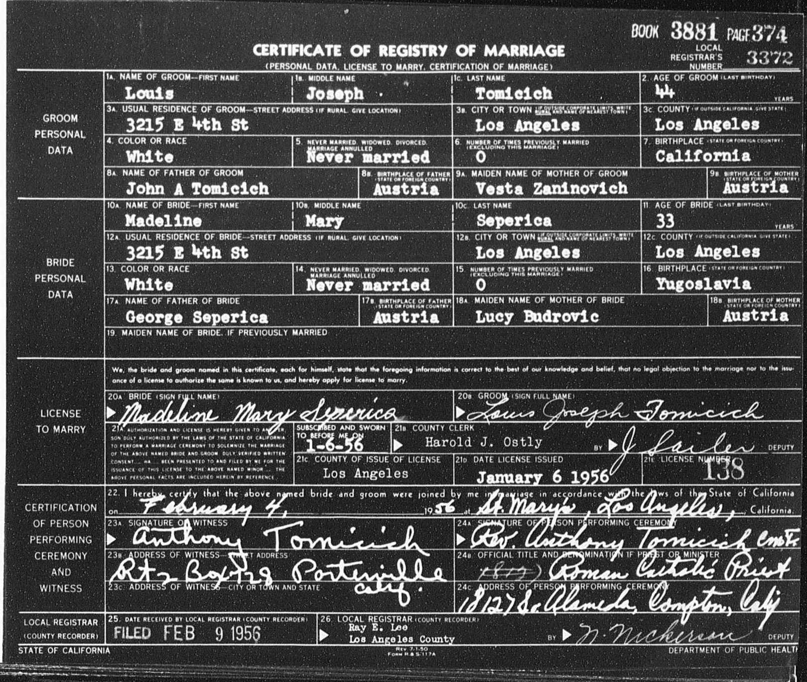 Document image missing. Admin needs to fix. 1956 Wedding Certificate John A. Tomicich-father of Groom.jpg