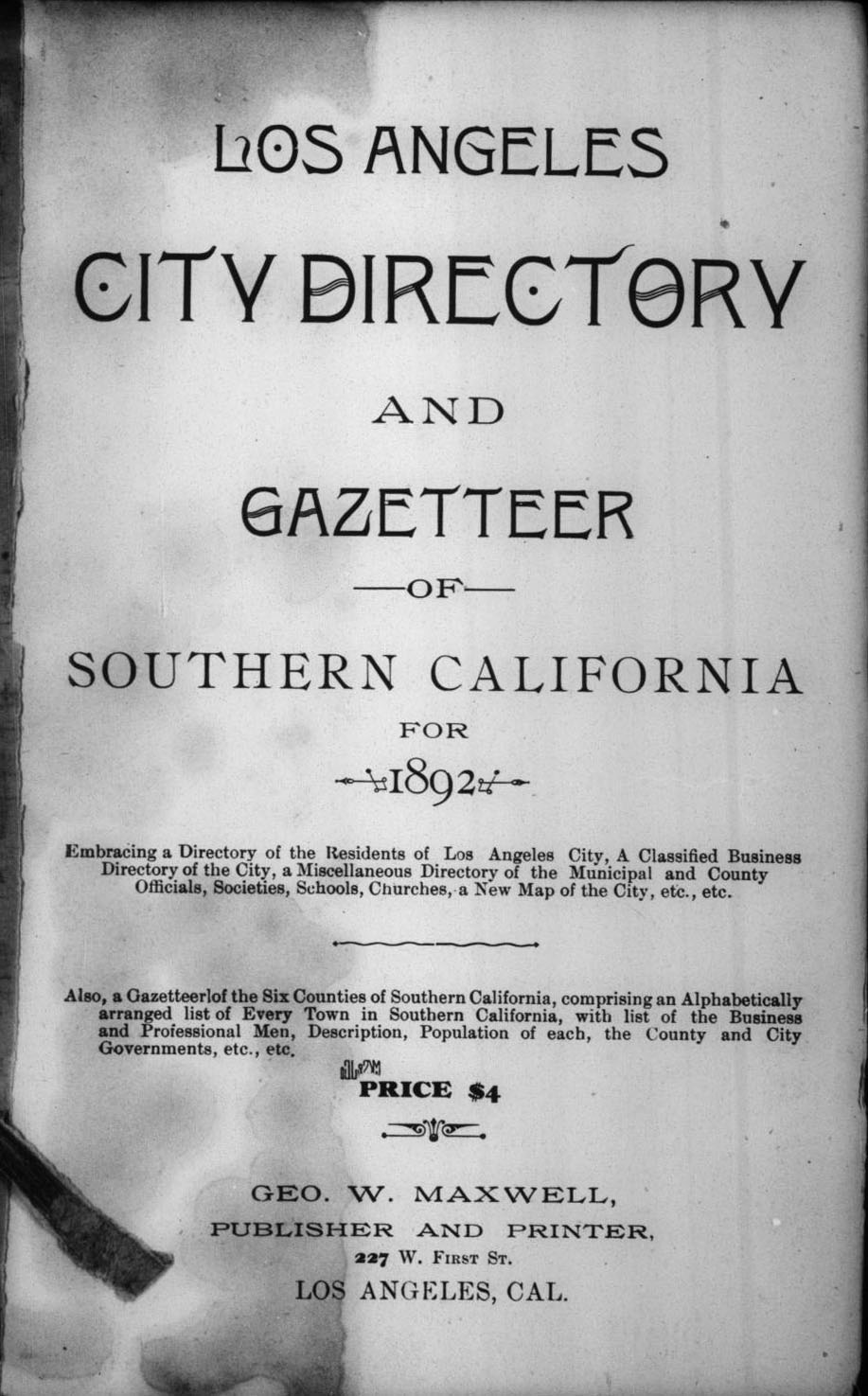 Document image missing. Admin needs to fix. 1892 Los Angeles City Directory. p5. Title Page.jpg