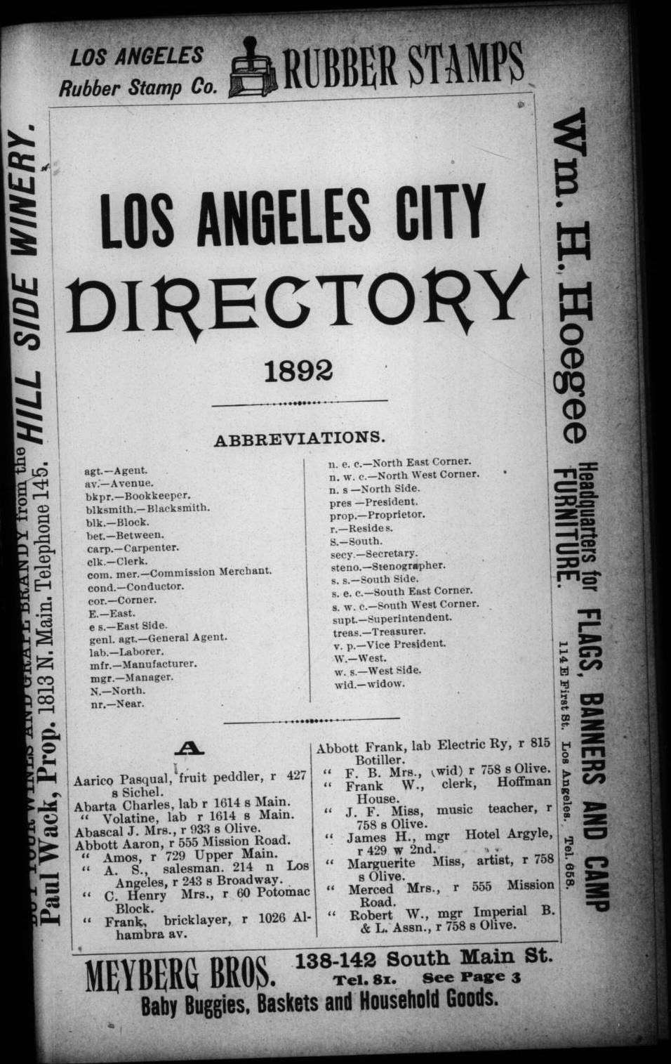 Document image missing. Admin needs to fix. 1892 Los Angeles City Directory. p101. Abbreviations.jpg