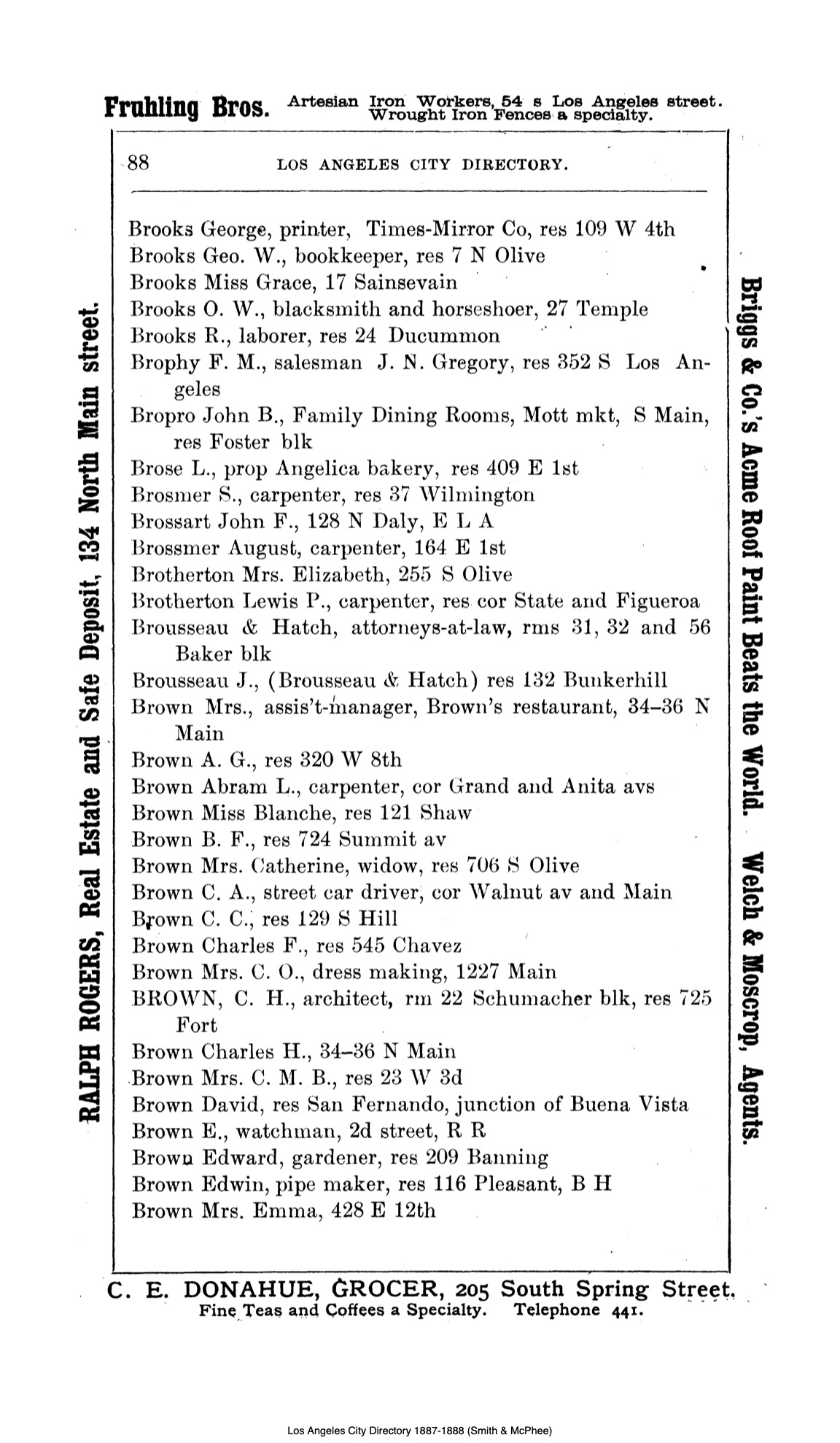 Document image missing. Admin needs to fix. 1887-8 Directory of Los Angeles. Smith & McPhee. p88. Bropro.jpg