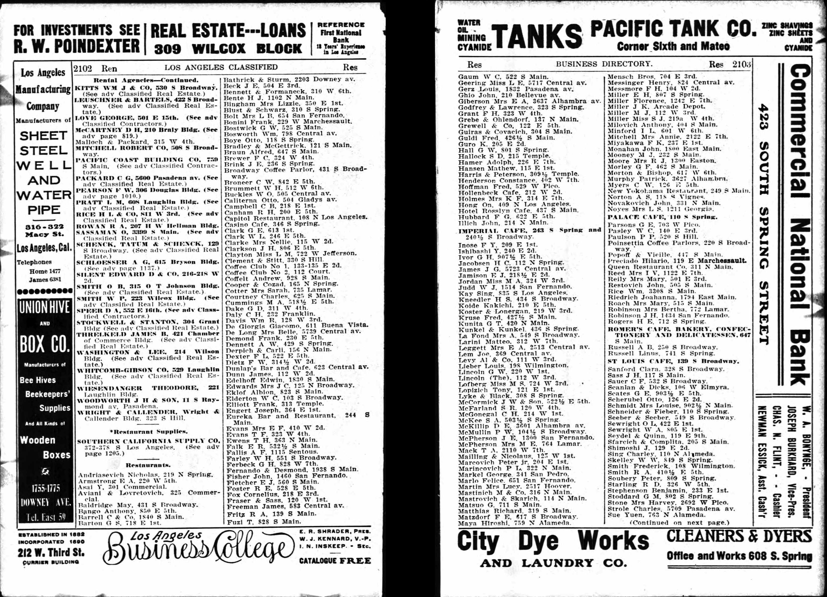 Document image missing. Admin needs to fix. 1904 Los Angeles City Directory. p2102 Restaurants.Kit–Sue Mastrovich & Scarich 114 N Main. Restovich 505 S Main.png