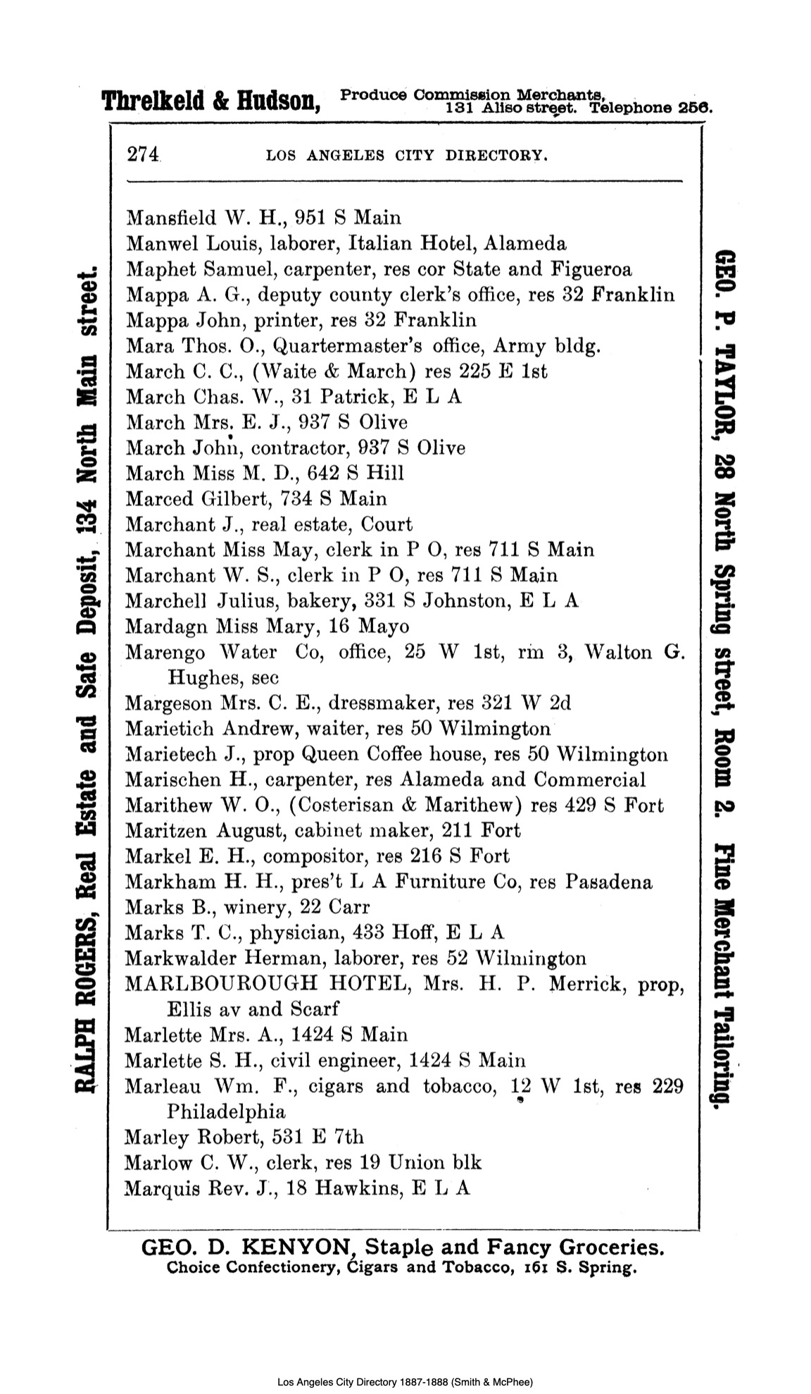 Document image missing. Admin needs to fix. 1887-8 Directory of Los Angeles. Smith & McPhee. p274. Marietich.jpg