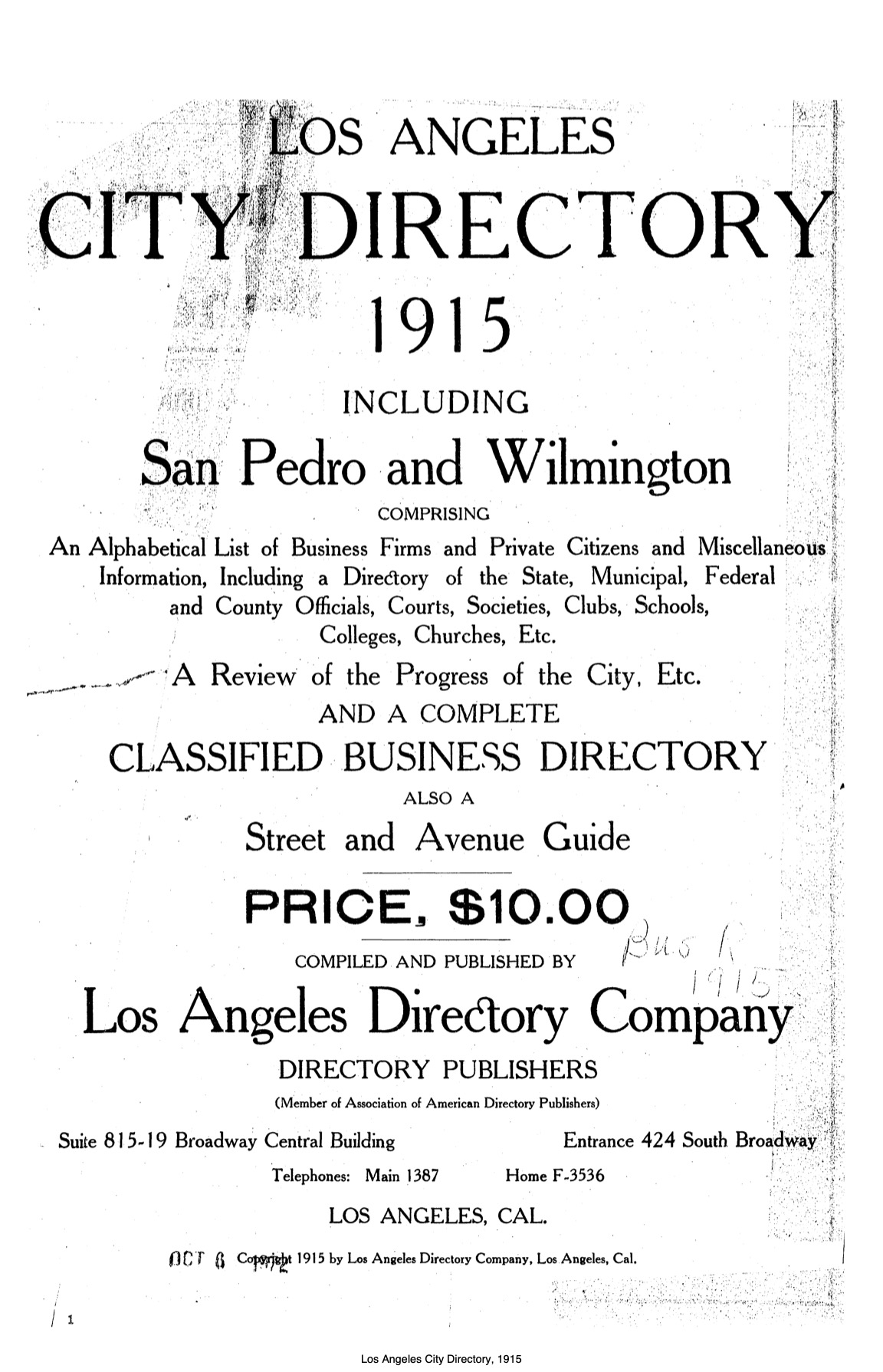 Document image missing. Admin needs to fix. 1915 Los Angeles City Directory. p7. Title Page.jpg