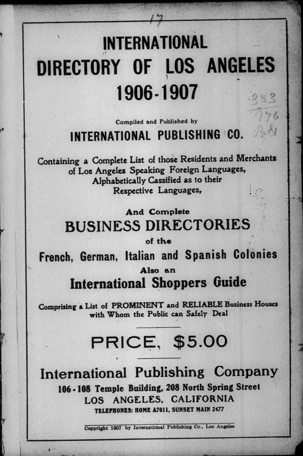 Document image missing. Admin needs to fix. 1906 International Directory of Los Angeles-Slavonian p iiv Title Page (or cover).jpg