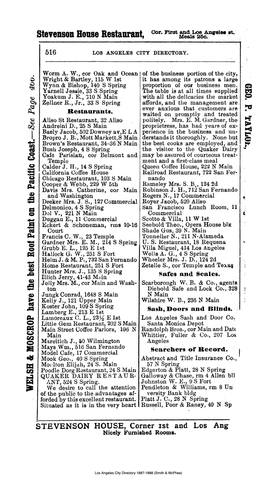 Document image missing. Admin needs to fix. 1887-8 Directory of Los Angeles. Smith & McPhee. p516. Restaurants.jpg