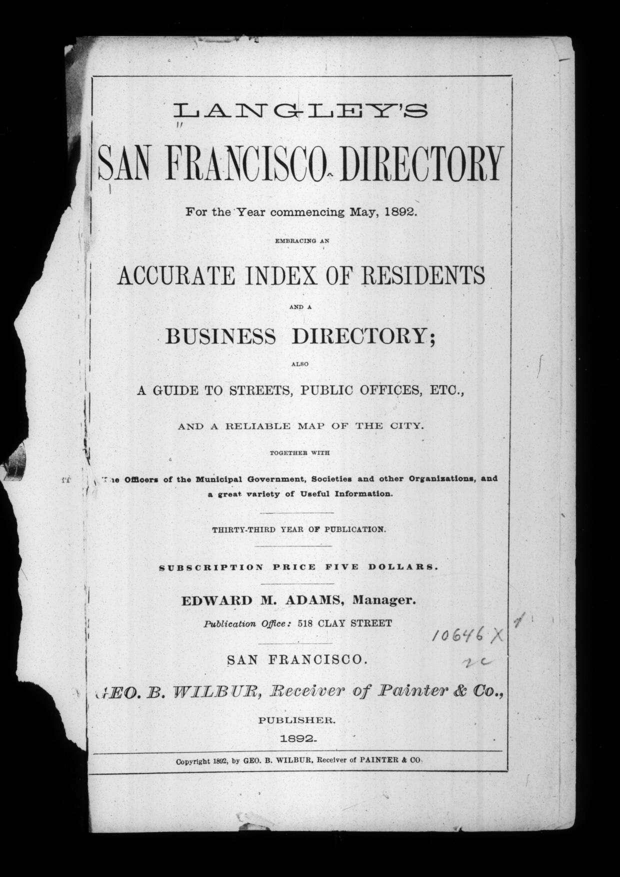 Document image missing. Admin needs to fix. 1892 San Francisco (Langleys). p33. Title Page.jpg