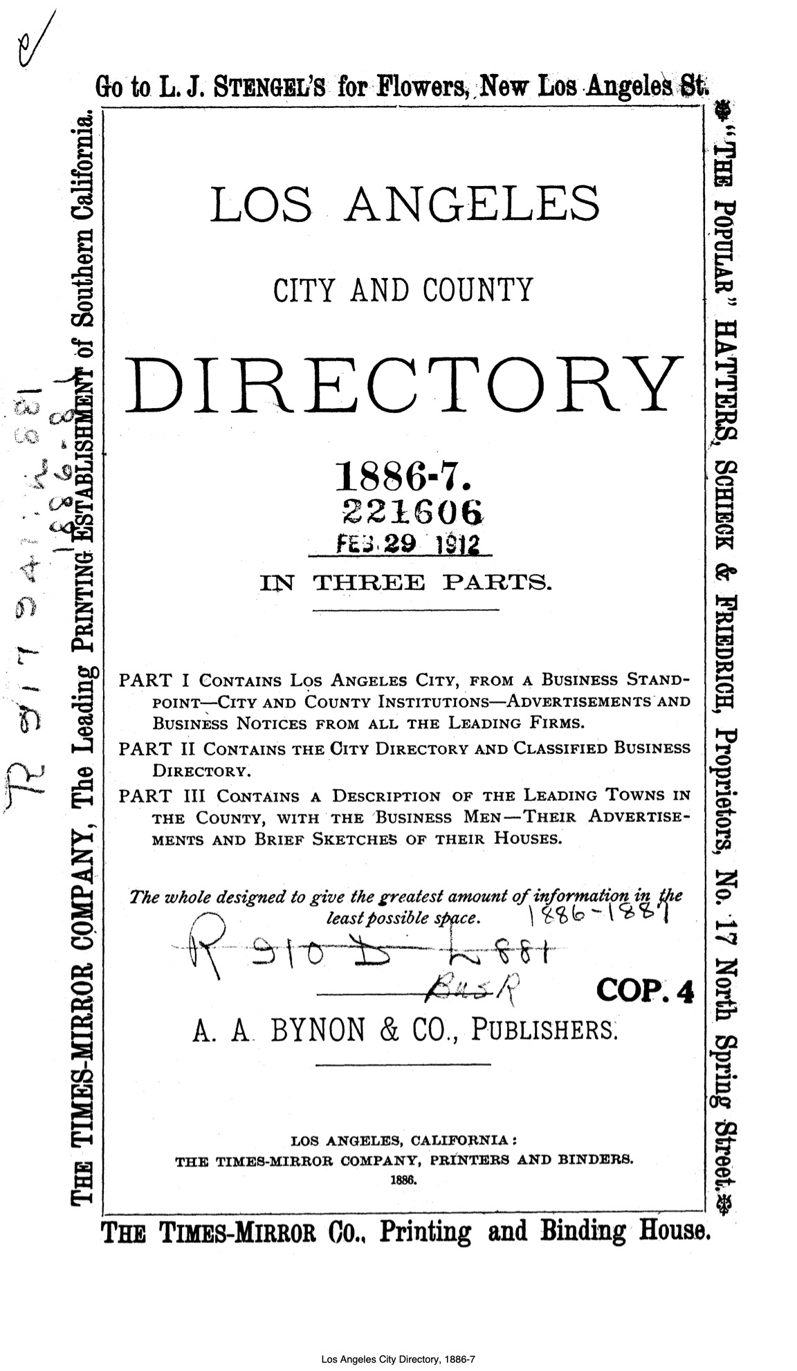 Document image missing. Admin needs to fix. 1886–7 Los Angeles City Directory-Bynon. p3. Title Page.jpg