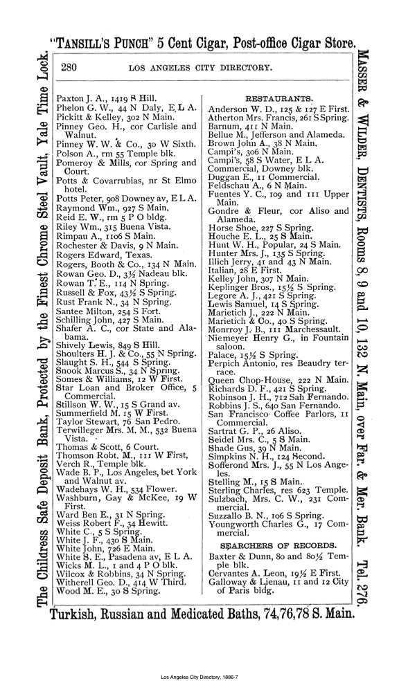 Document image missing. Admin needs to fix. 1886–7 Los Angeles City Directory-Bryon. p280 Restaurants.jpg